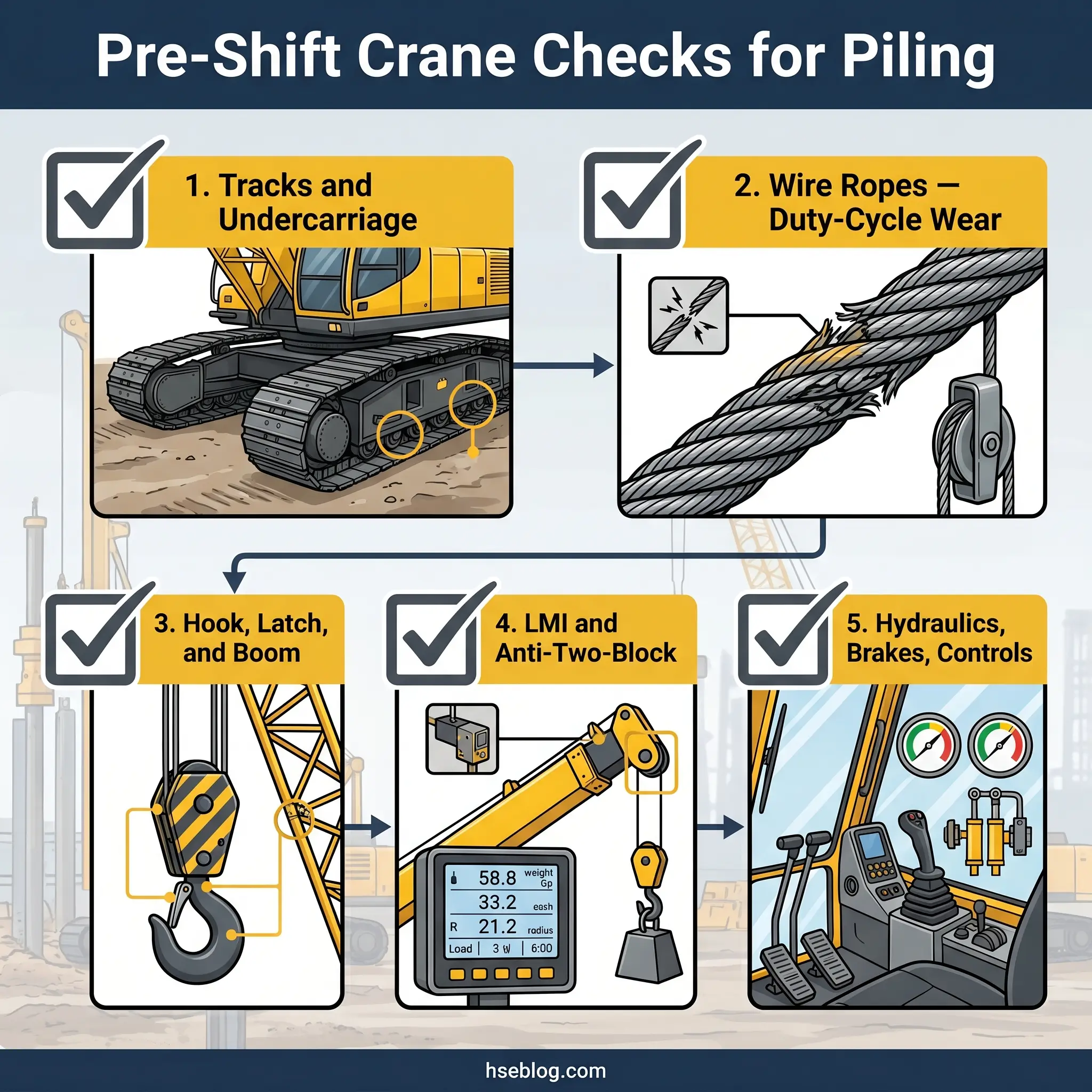 Infographic showing five pre-shift crane safety checks for piling operations: tracks and undercarriage inspection, wire rope duty-cycle wear assessment, hook latch and boom examination, LMI and anti-two-block system testing, and hydraulics brakes and controls verification.