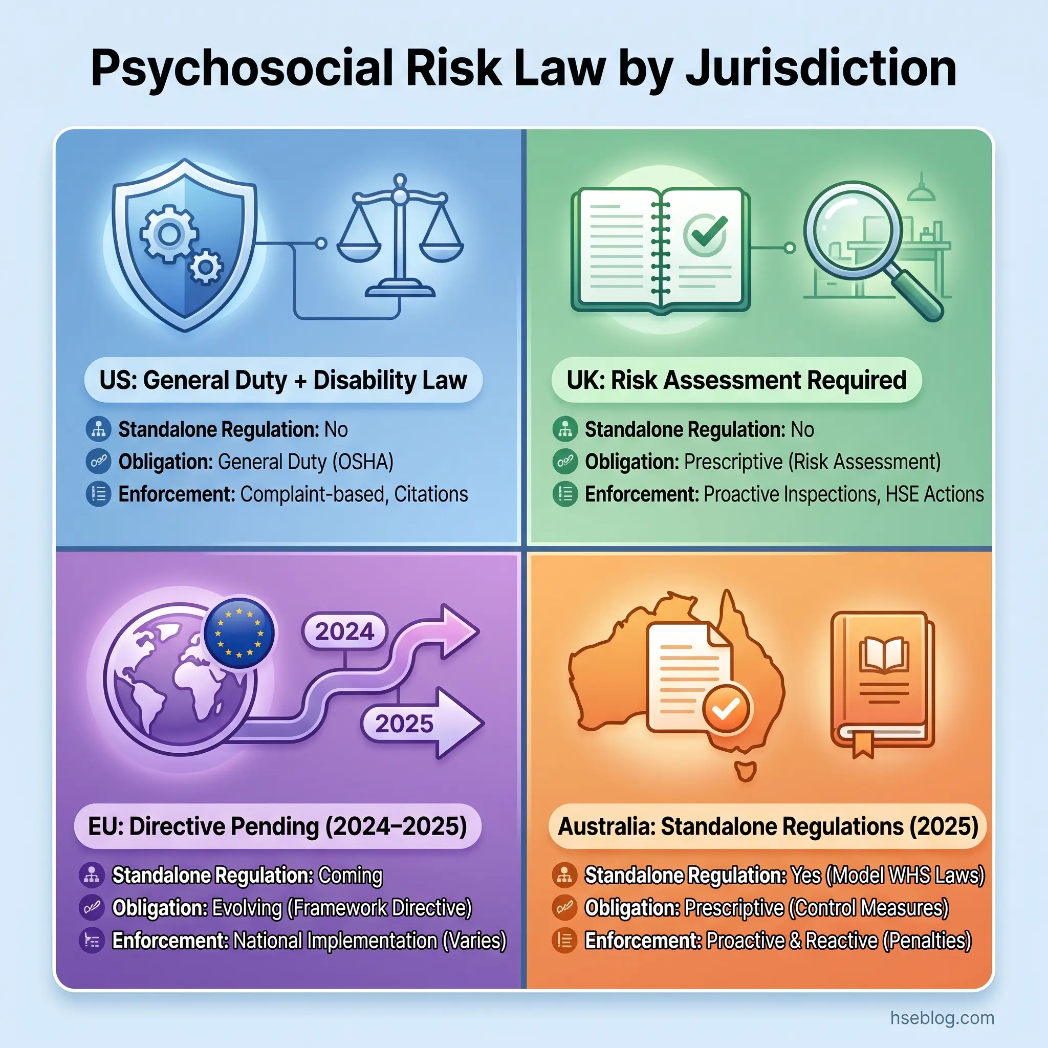 Four-panel comparison chart showing psychosocial risk laws across US, UK, EU, and Australia jurisdictions, with icons, regulations, obligations, and enforcement methods for each region.