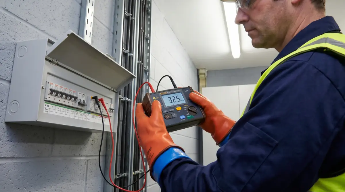 Electrician wearing safety gloves and high-visibility vest uses a digital multimeter to test an electrical panel mounted on a wall during maintenance work.