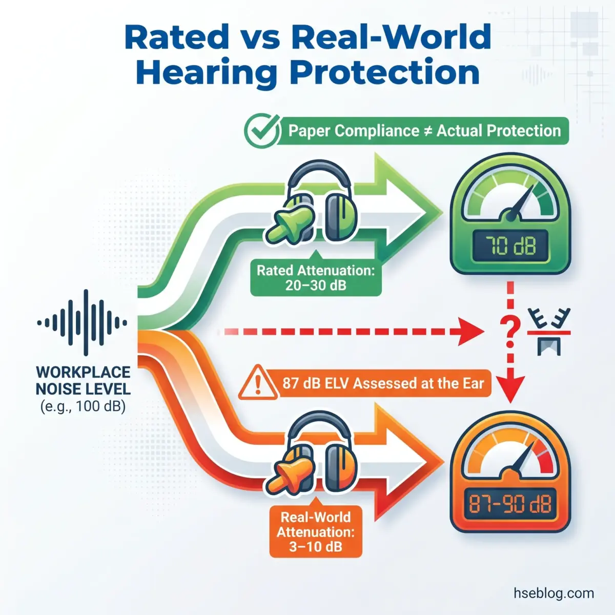 Infographic comparing rated versus real-world hearing protection effectiveness, showing how earplugs with 20-30 dB rated attenuation only provide 3-10 dB actual protection against 100 dB workplace noise.
