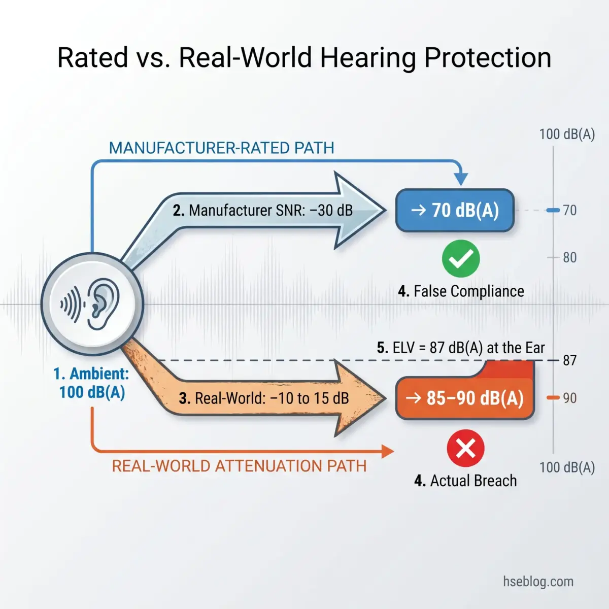 Diagram comparing manufacturer-rated versus real-world hearing protection effectiveness, showing how ambient noise at 100 dB(A) achieves only 70 dB(A) rated protection but 85-90 dB(A) actual protection, illustrating the gap between lab ratings and field performance.