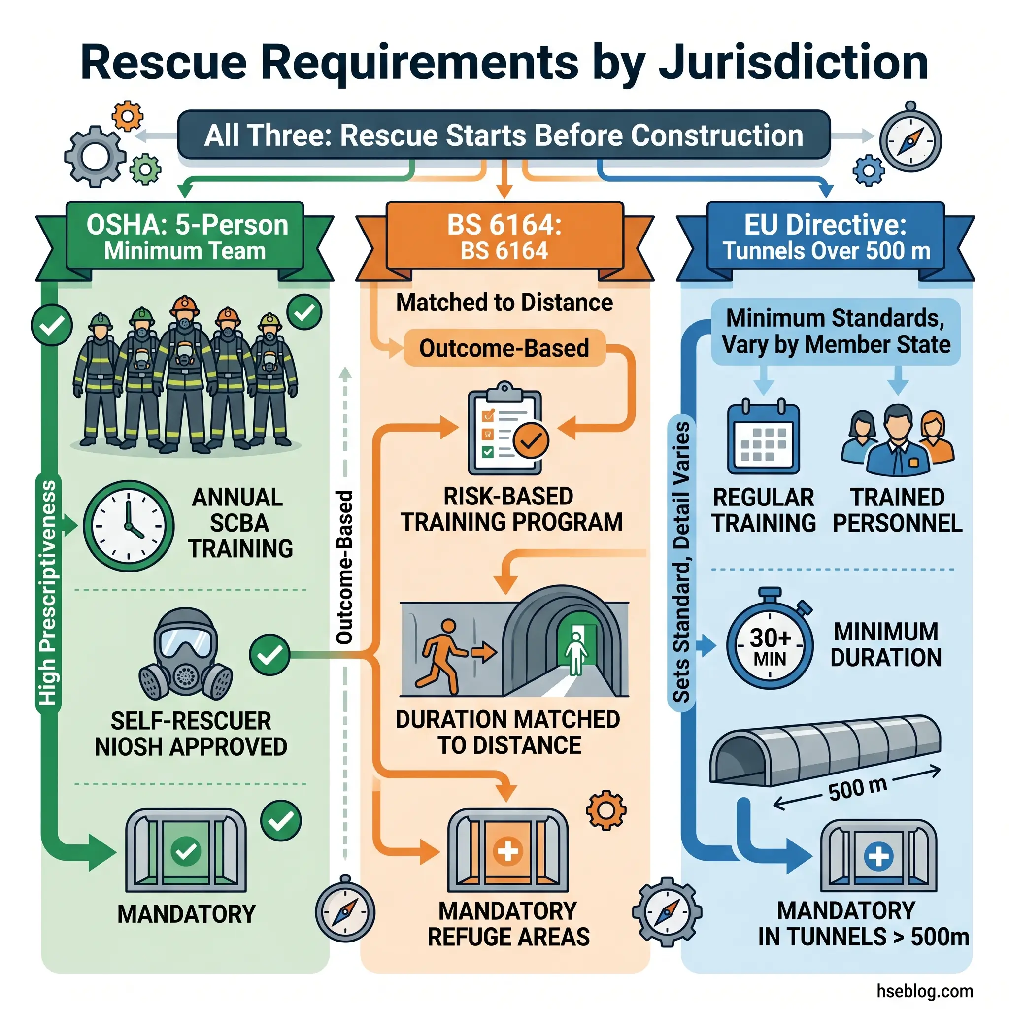 Comparison chart of rescue requirements across OSHA, BS 6164, and EU Directive jurisdictions, showing team size, training, and safety standards for confined space rescue operations.