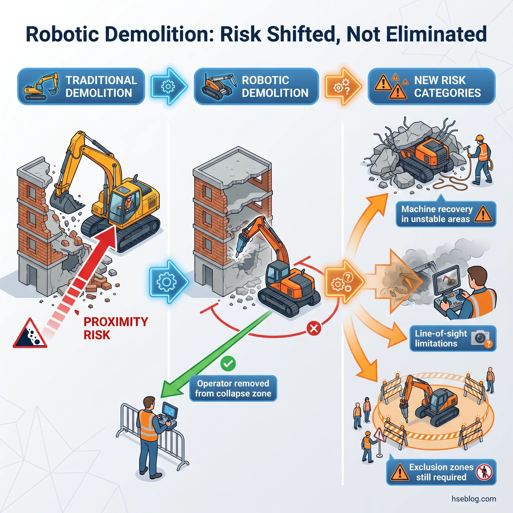 Infographic showing how robotic demolition shifts risk from proximity hazards to new categories including machine recovery in unstable areas, line-of-sight limitations, and exclusion zones requiring continued safety protocols.