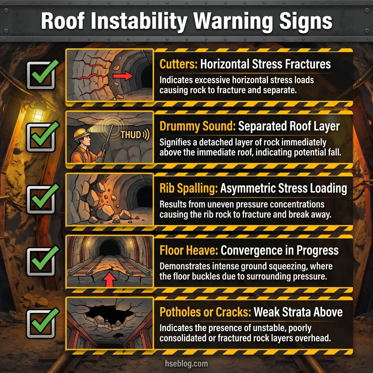 Infographic showing five roof instability warning signs in underground mining: cutters with horizontal stress fractures, dummy sound from separated rock layers, rib spalling from asymmetric stress, floor heave from ground convergence, and potholes indicating weak strata.