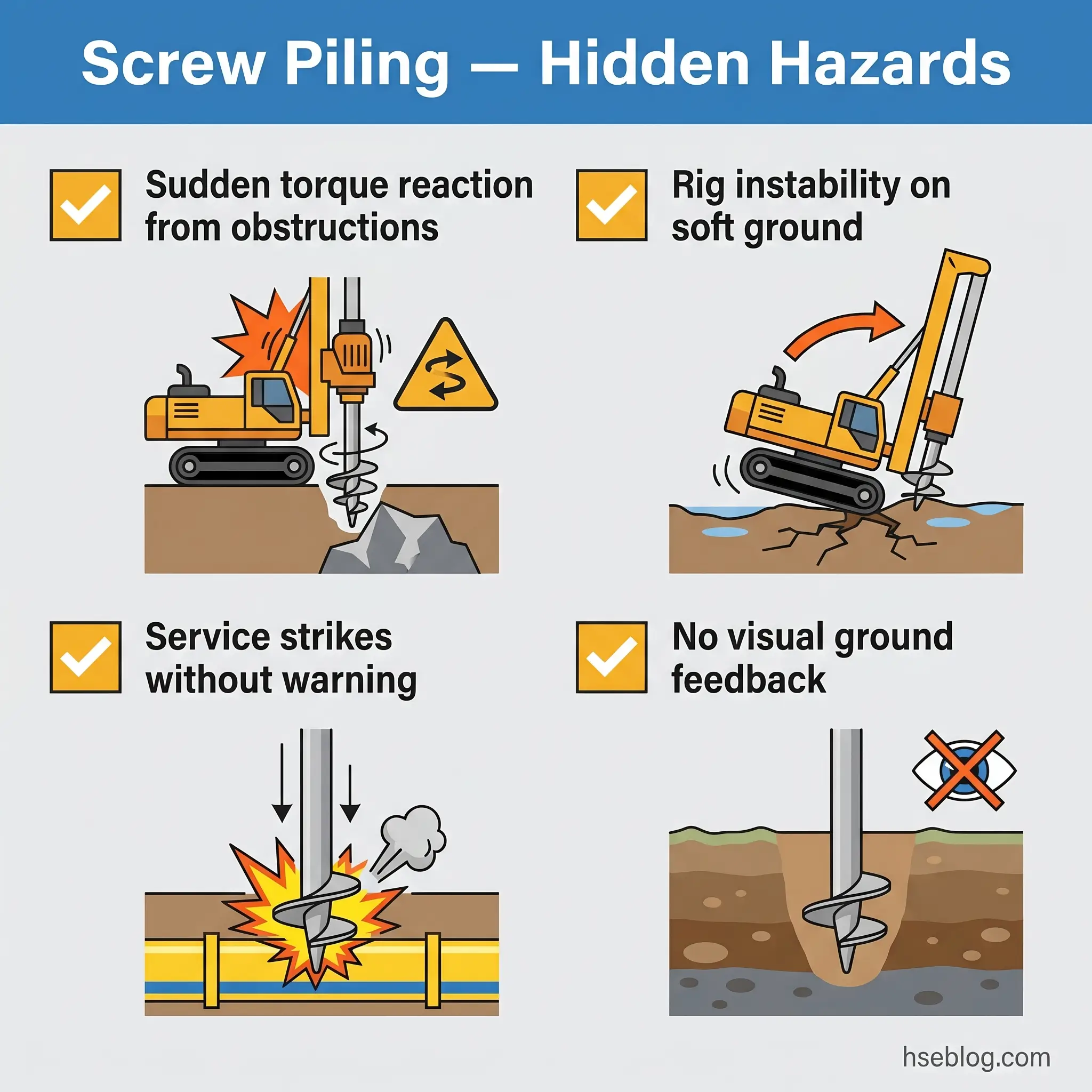 Infographic showing four hidden hazards of screw piling operations: sudden torque reactions from obstructions, rig instability on soft ground, service strikes without warning, and lack of visual ground feedback during drilling.
