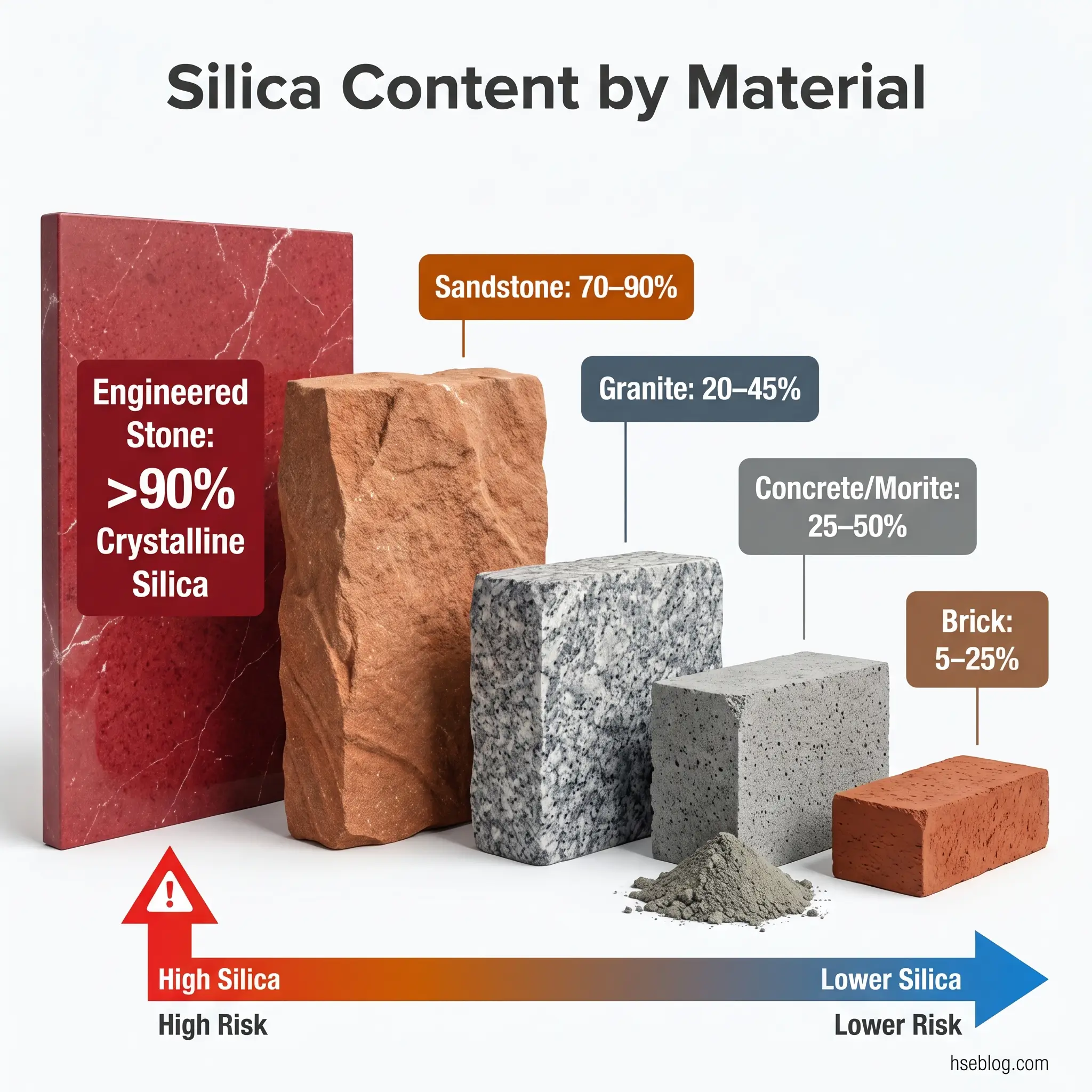 Chart showing silica content levels across building materials, displaying engineered stone at over 90%, sandstone at 70-90%, granite at 20-45%, concrete/mortar at 25-50%, and brick at 5-25%, arranged by risk from high to low silica exposure.