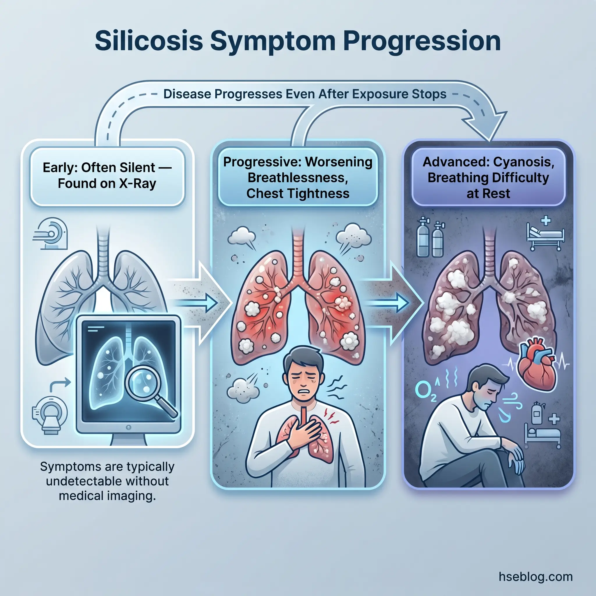 Infographic showing silicosis progression from early asymptomatic stage detected on X-rays through progressive worsening with breathlessness to advanced stage with cyanosis and respiratory failure requiring medical support.