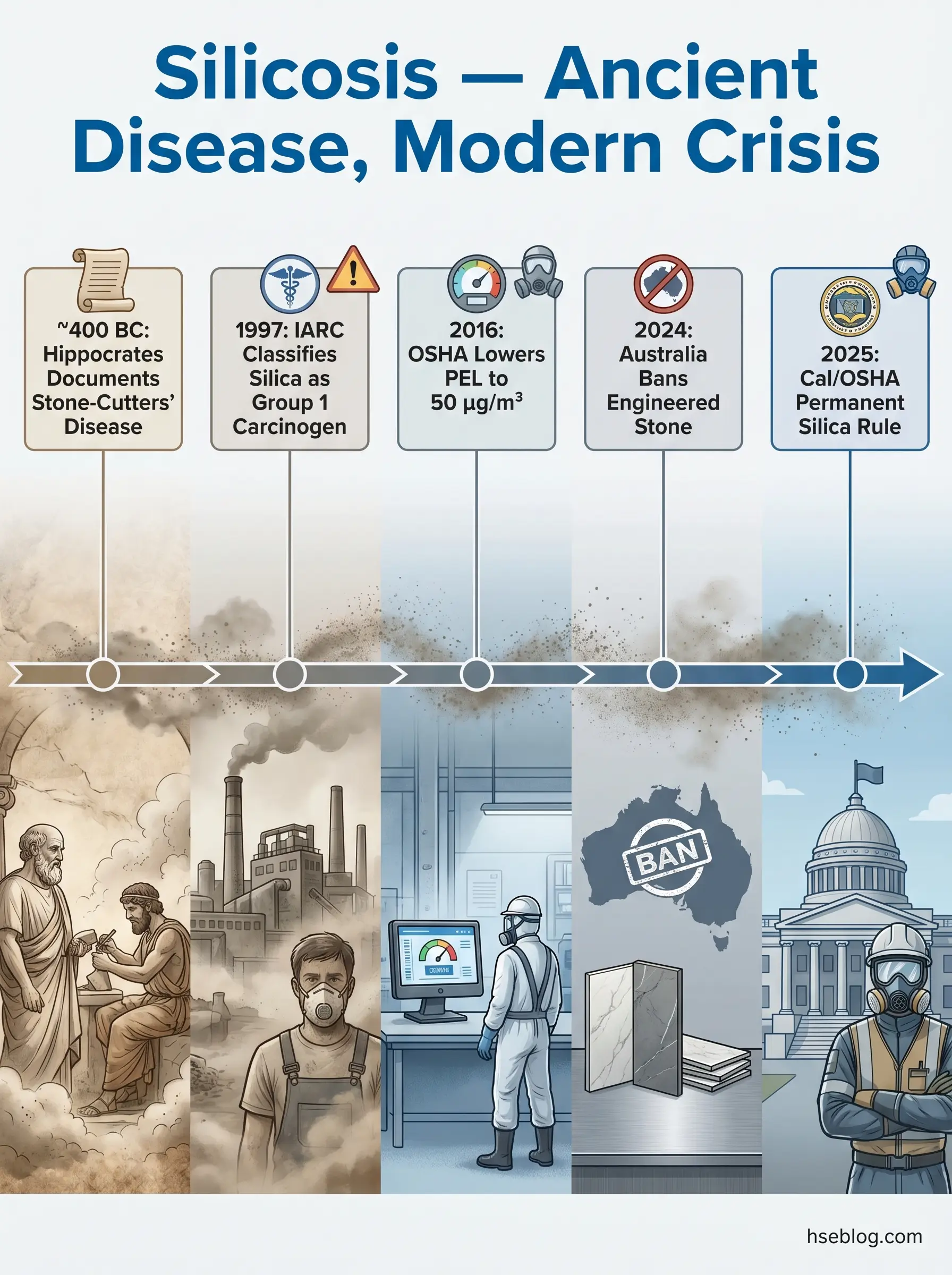 Timeline showing silicosis history from 400 BC to 2025, documenting disease recognition through ancient times, IARC carcinogen classification in 1997, OSHA exposure limits in 2016, Australia's engineered stone ban in 2024, and California's pending silica rule in 2025.