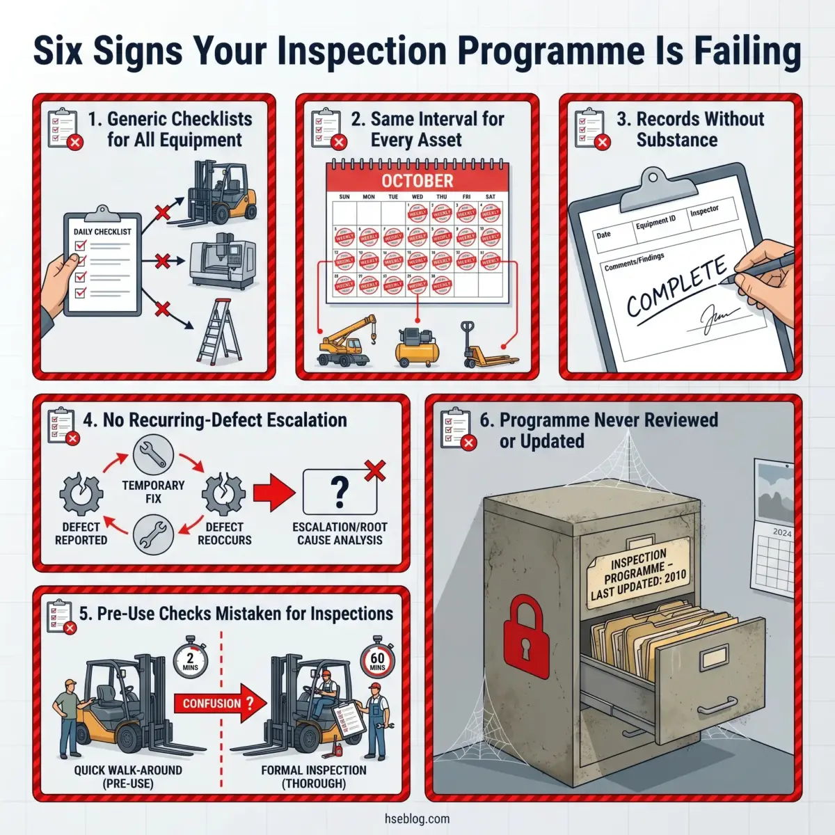 Infographic showing six critical failures in equipment inspection programs: generic checklists, inconsistent intervals, incomplete documentation, lack of defect escalation, confusion between pre-use checks and inspections, and outdated procedures.