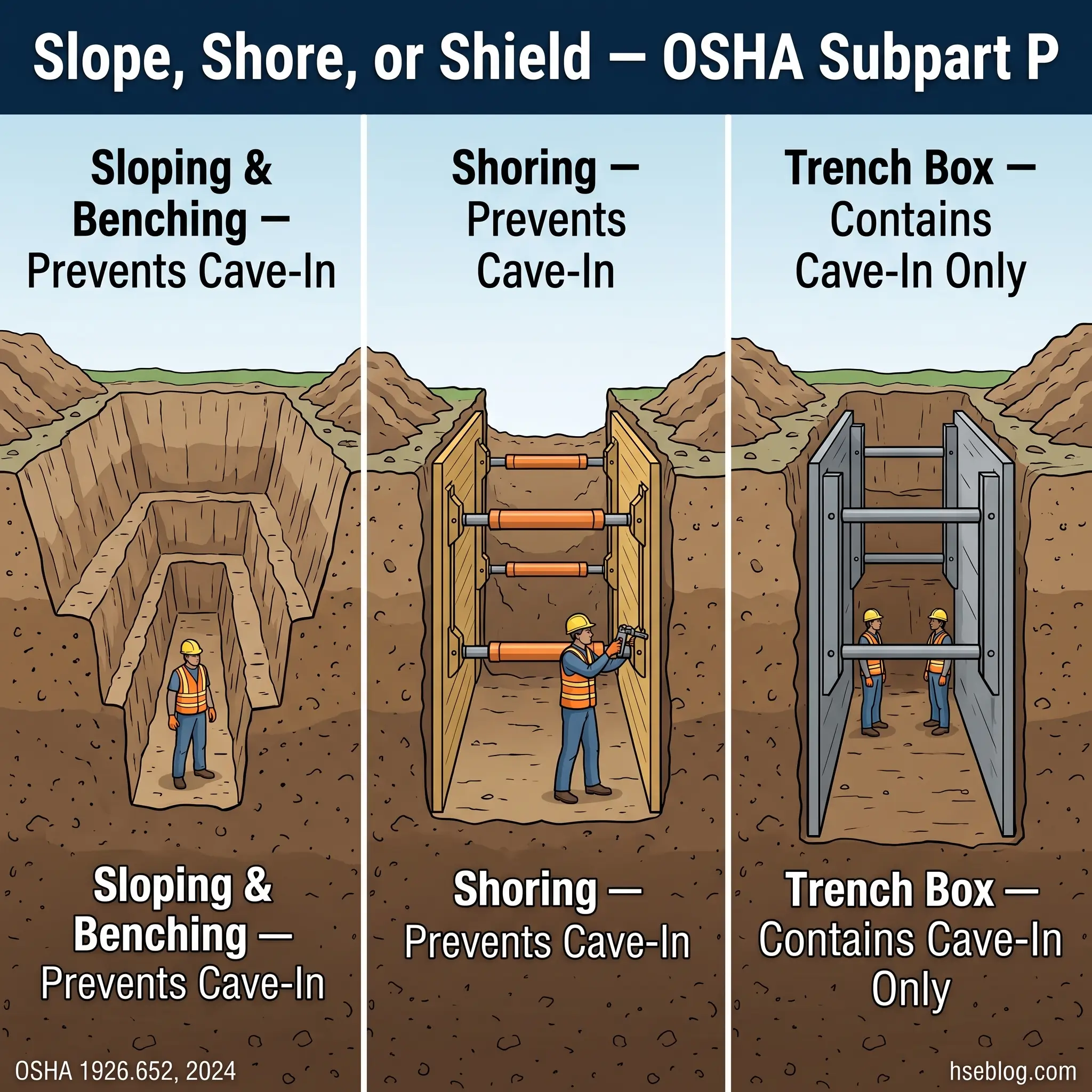 Three OSHA trench safety methods illustrated: sloping and benching with angled walls, shoring with wooden supports and horizontal braces, and trench boxes with metal containment systems, each showing workers in protective equipment.