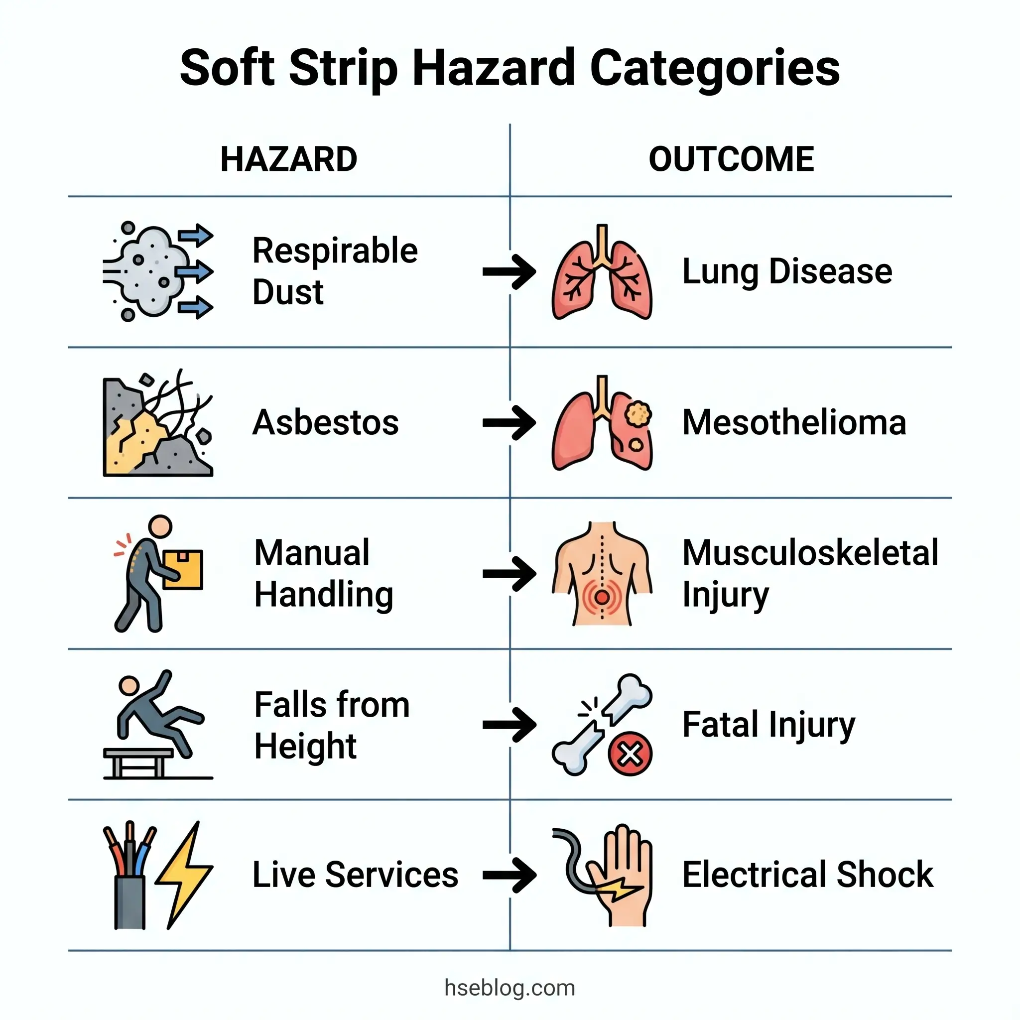 Infographic showing six soft strip hazard categories with icons and arrows indicating outcomes: respirable dust causes lung disease, asbestos causes mesothelioma, manual handling causes musculoskeletal injury, falls from height cause fatal injury, and live services cause electrical shock.
