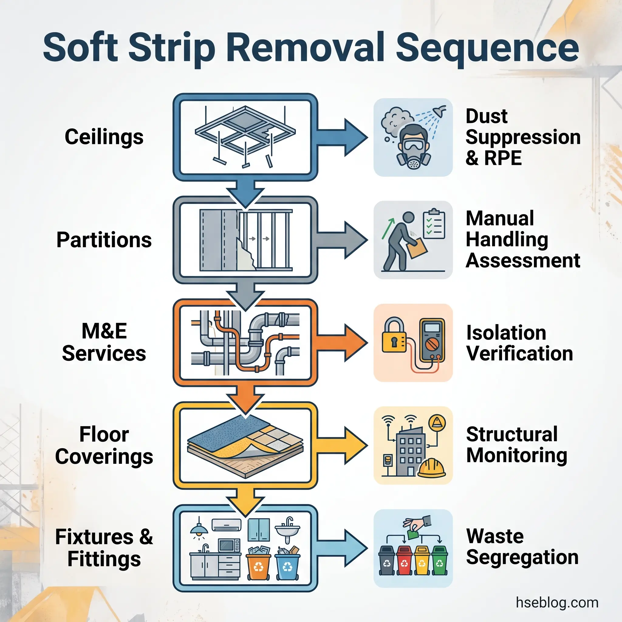 Flowchart showing six sequential steps for soft strip removal in construction: ceilings, partitions, M&E services, floor coverings, and fixtures with corresponding safety and operational requirements for each phase.