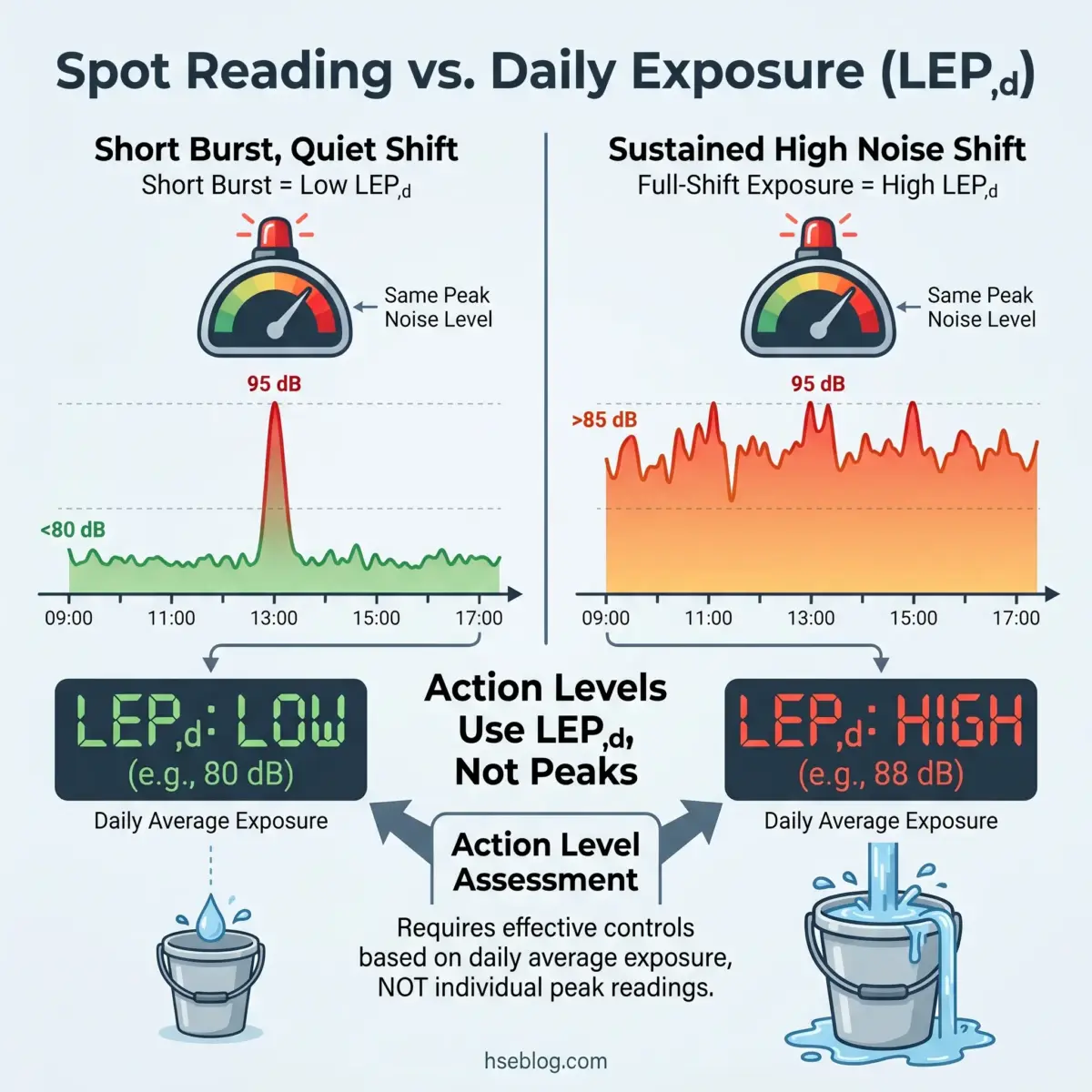 Comparison of noise exposure measurements showing how daily average exposure (LEP,d) differs between a short burst in quiet conditions versus sustained high noise throughout a shift, illustrating why daily averages matter more than peak levels for occupational health assessment.