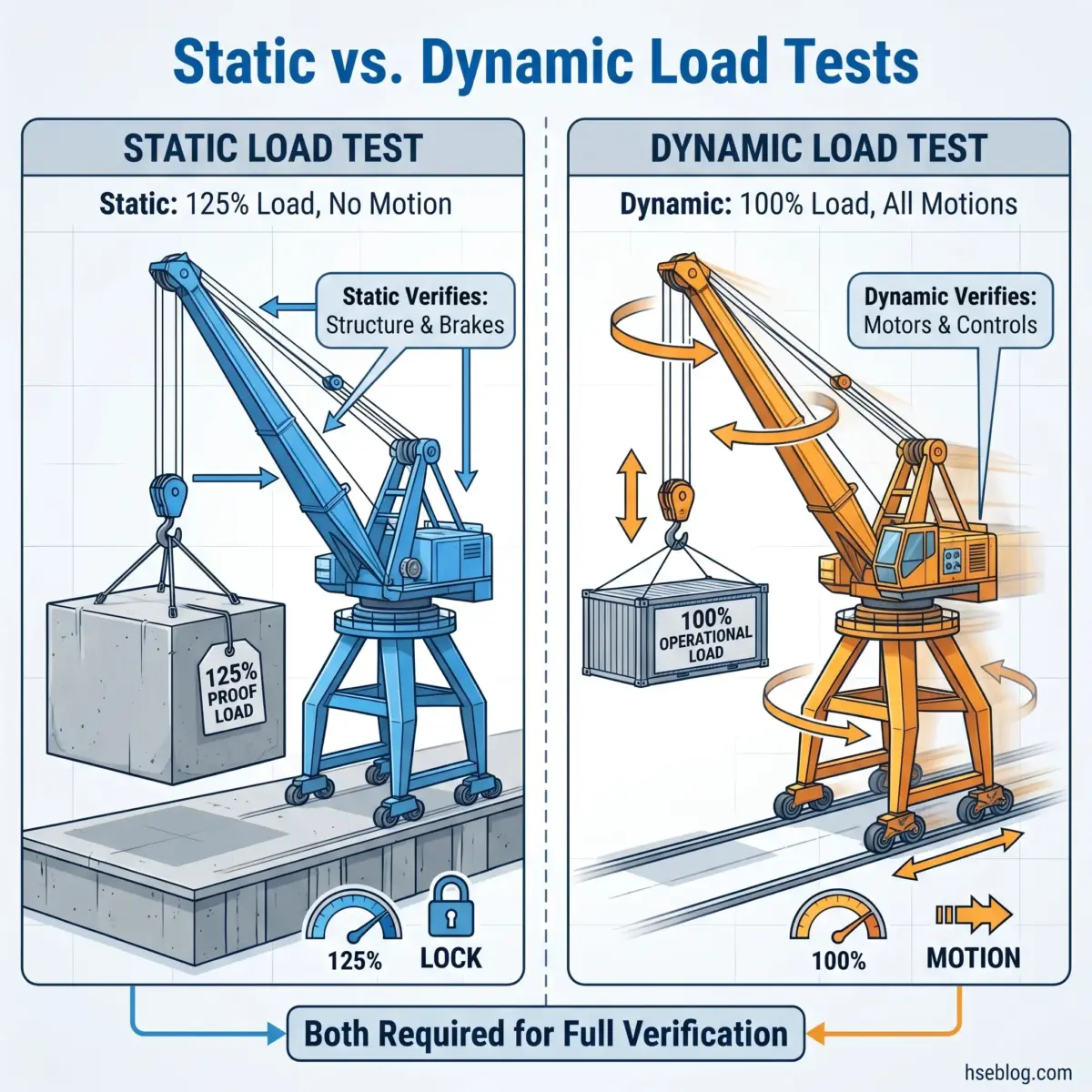 Comparison diagram showing static load testing with 125% proof load and no motion versus dynamic load testing with 100% operational load and full motion, both required for complete crane verification.