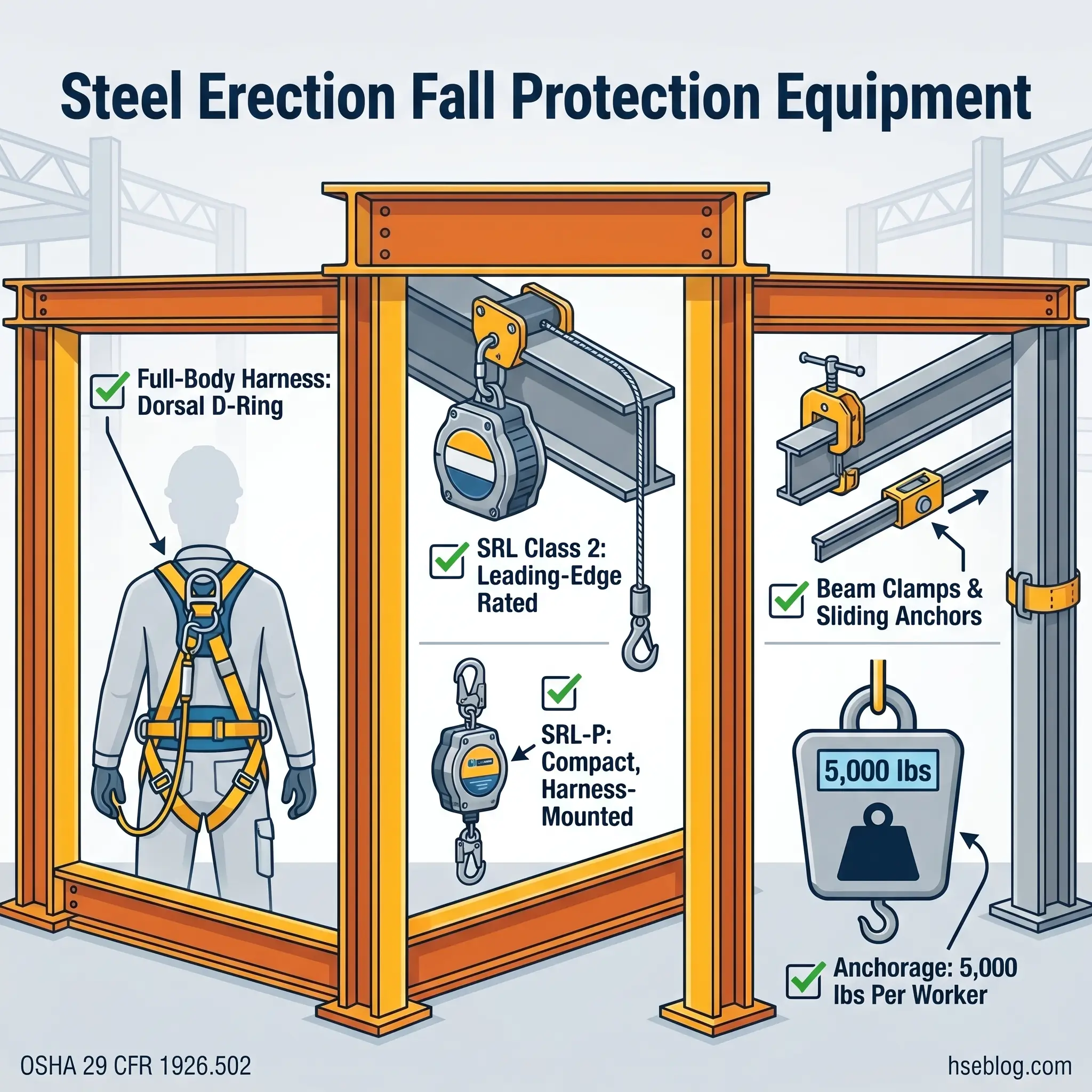 Illustration of steel erection fall protection equipment including full-body harness with dorsal D-ring, SRL Class 2 leading-edge rated device, compact harness-mounted pulley, beam clamps, sliding anchors, and 5000 lbs anchorage per worker.