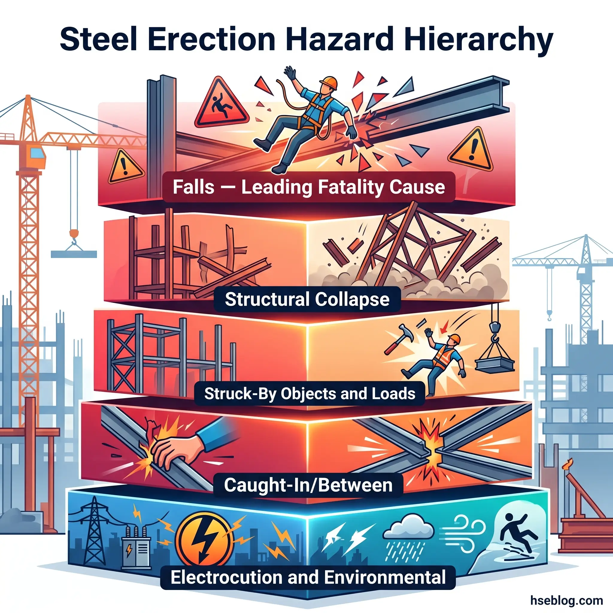 Pyramid diagram illustrating steel erection hazards ranked by severity, from falls at top through structural collapse, struck-by objects, caught-in hazards, to environmental and electrical hazards at base.