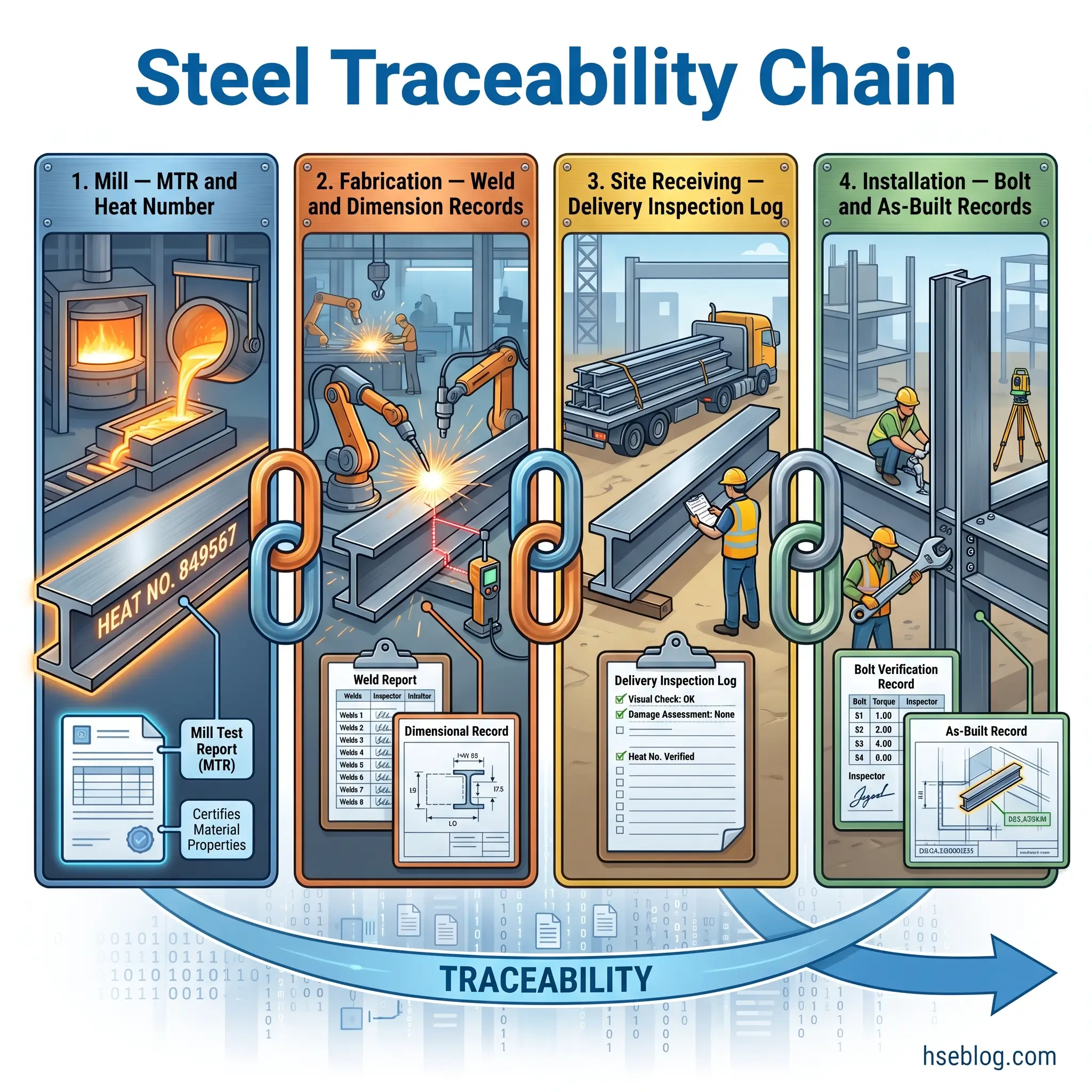 Infographic showing the four-stage steel traceability chain from mill production through fabrication, site delivery, and installation, with documentation examples at each step including heat numbers, weld records, inspection logs, and bolt verification records.