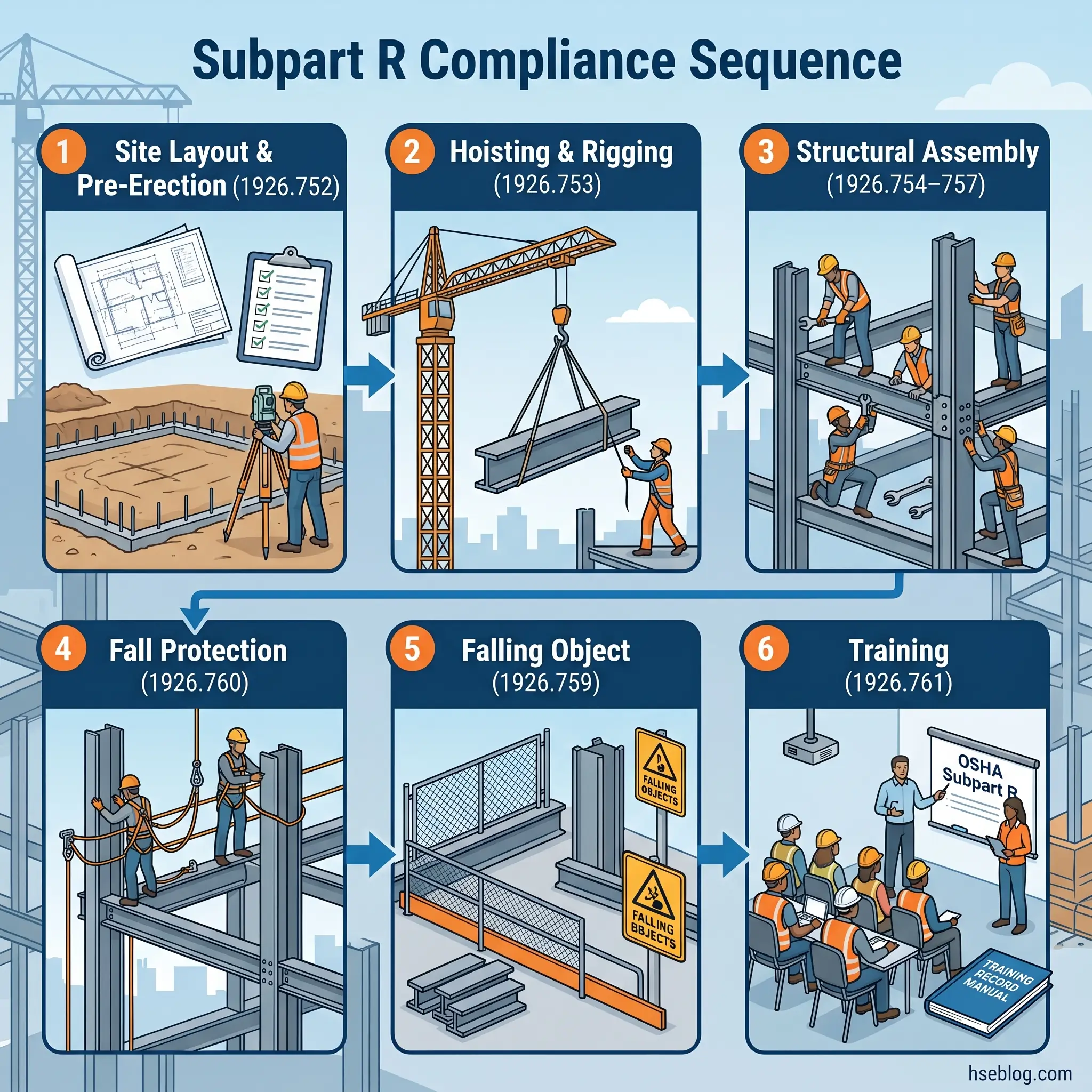 Illustrated sequence of six construction safety compliance steps numbered 1-6, showing site layout, hoisting equipment, structural assembly, fall protection, falling object prevention, and worker training with OSHA regulations.