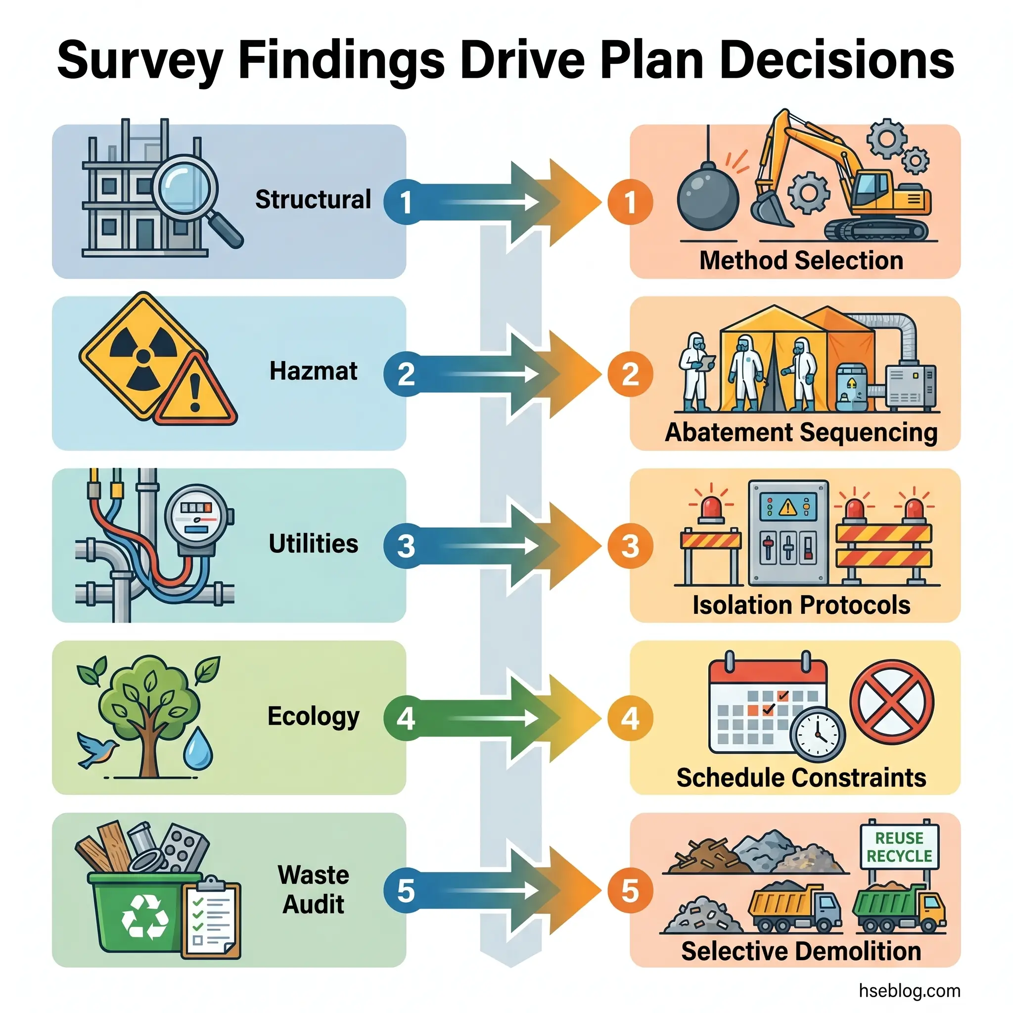 Infographic showing how five survey findings—Structural, Hazmat, Utilities, Ecology, and Waste Audit—drive five corresponding plan decisions: Method Selection, Abatement Sequencing, Isolation Protocols, Schedule Constraints, and Selective Demolition.