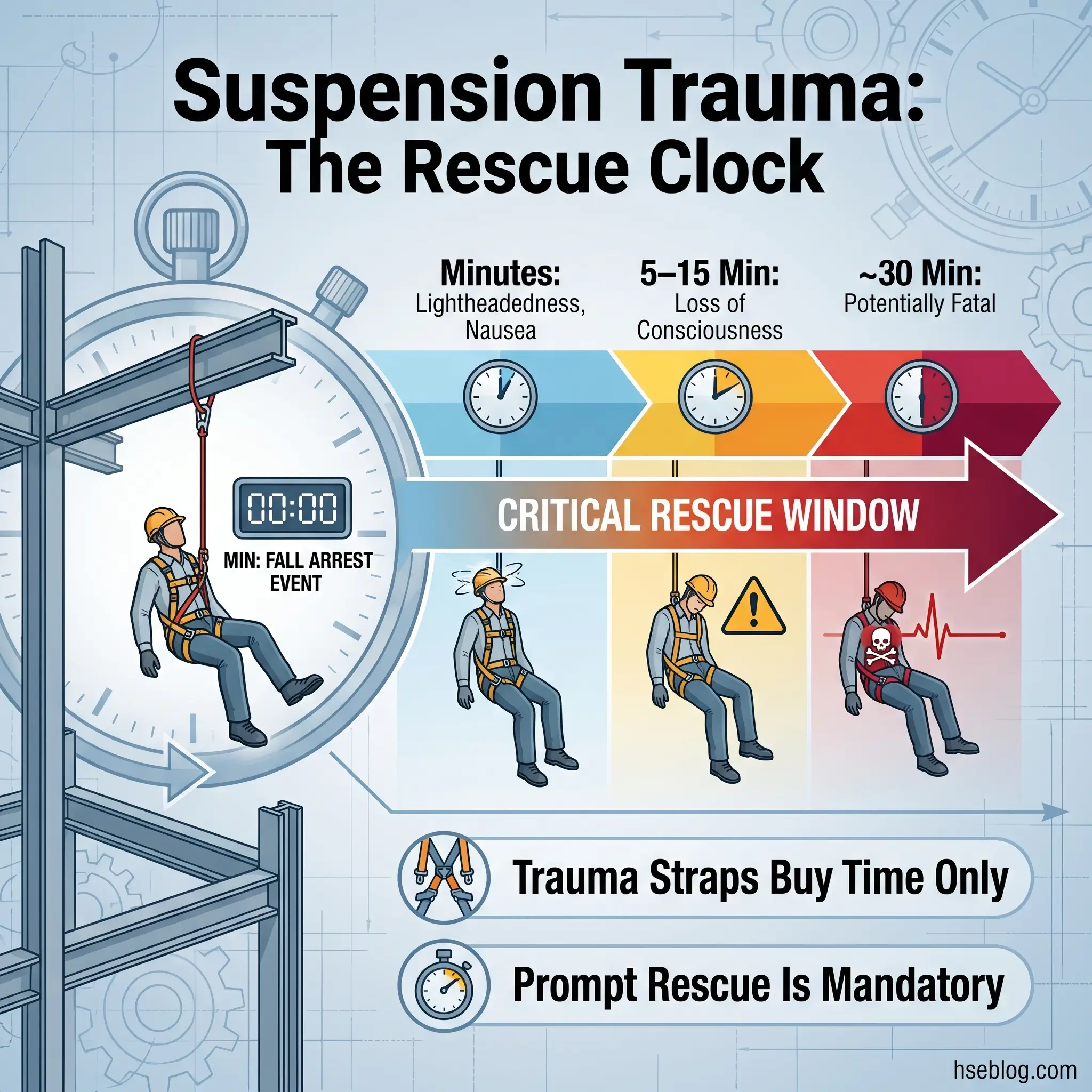 Infographic illustrating suspension trauma rescue timeline, showing critical symptoms and phases from fall arrest through potentially fatal outcomes within 30 minutes, emphasizing urgent rescue necessity.