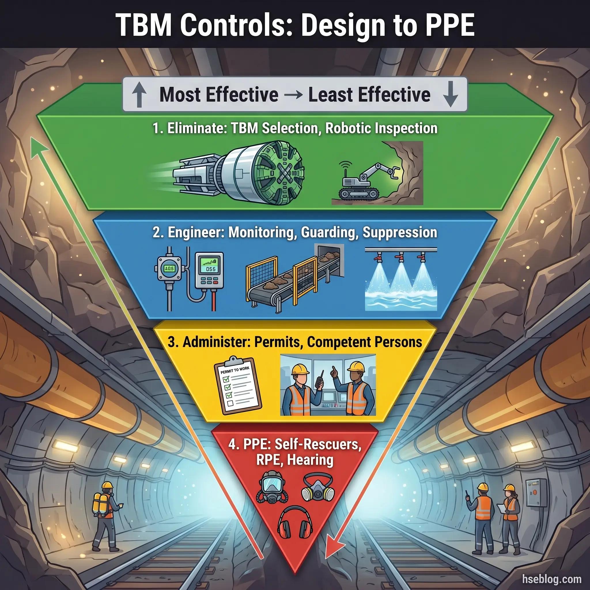 Hierarchy diagram showing TBM controls from most to least effective: elimination through robotic inspection, engineering controls like monitoring and suppression, administrative controls including permits and training, and PPE as the final layer in a tunnel setting.