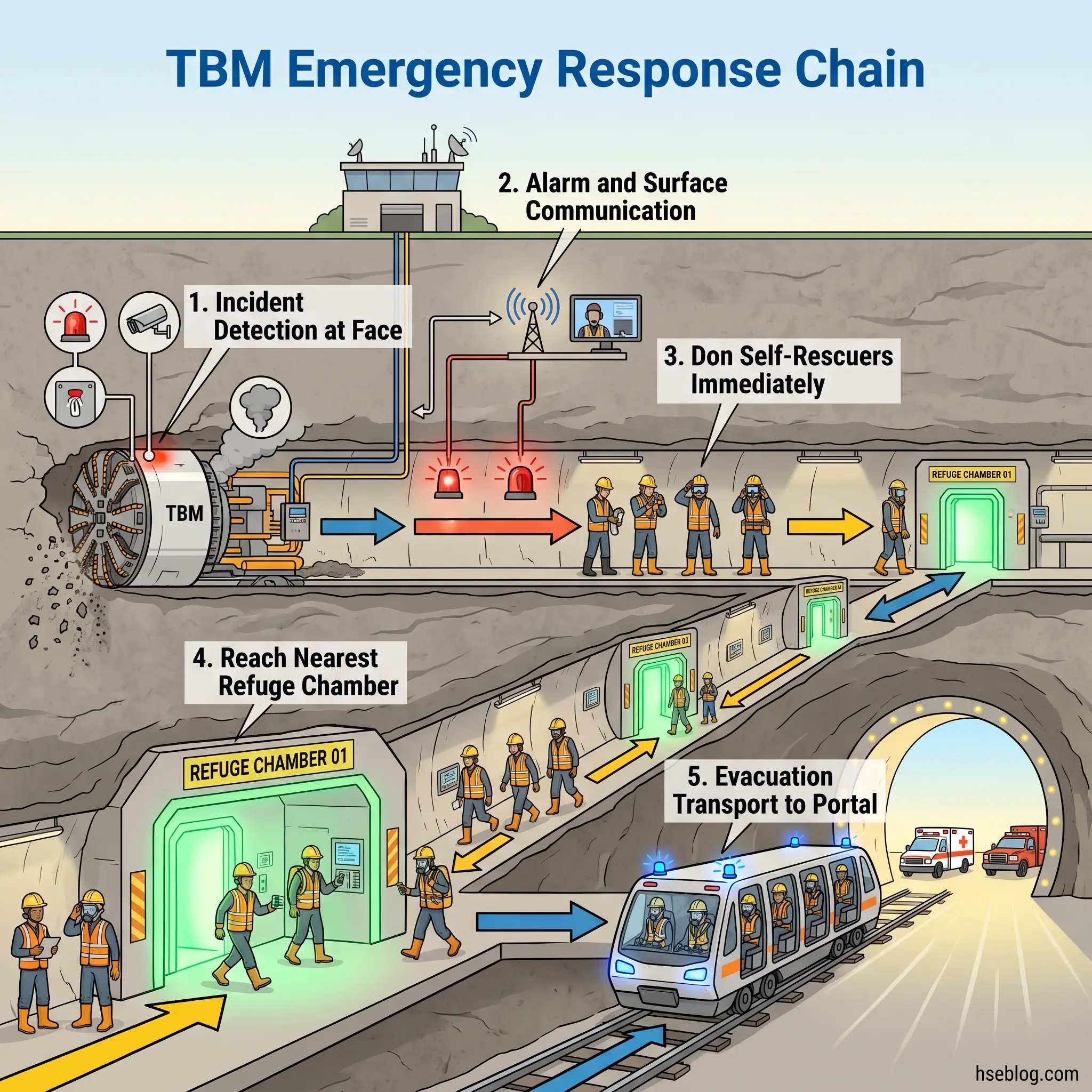 Illustrated diagram showing a five-step TBM emergency response chain: incident detection at the tunnel face triggers alarms, workers immediately evacuate to refuge chambers, and then board transport vehicles for evacuation to the portal.