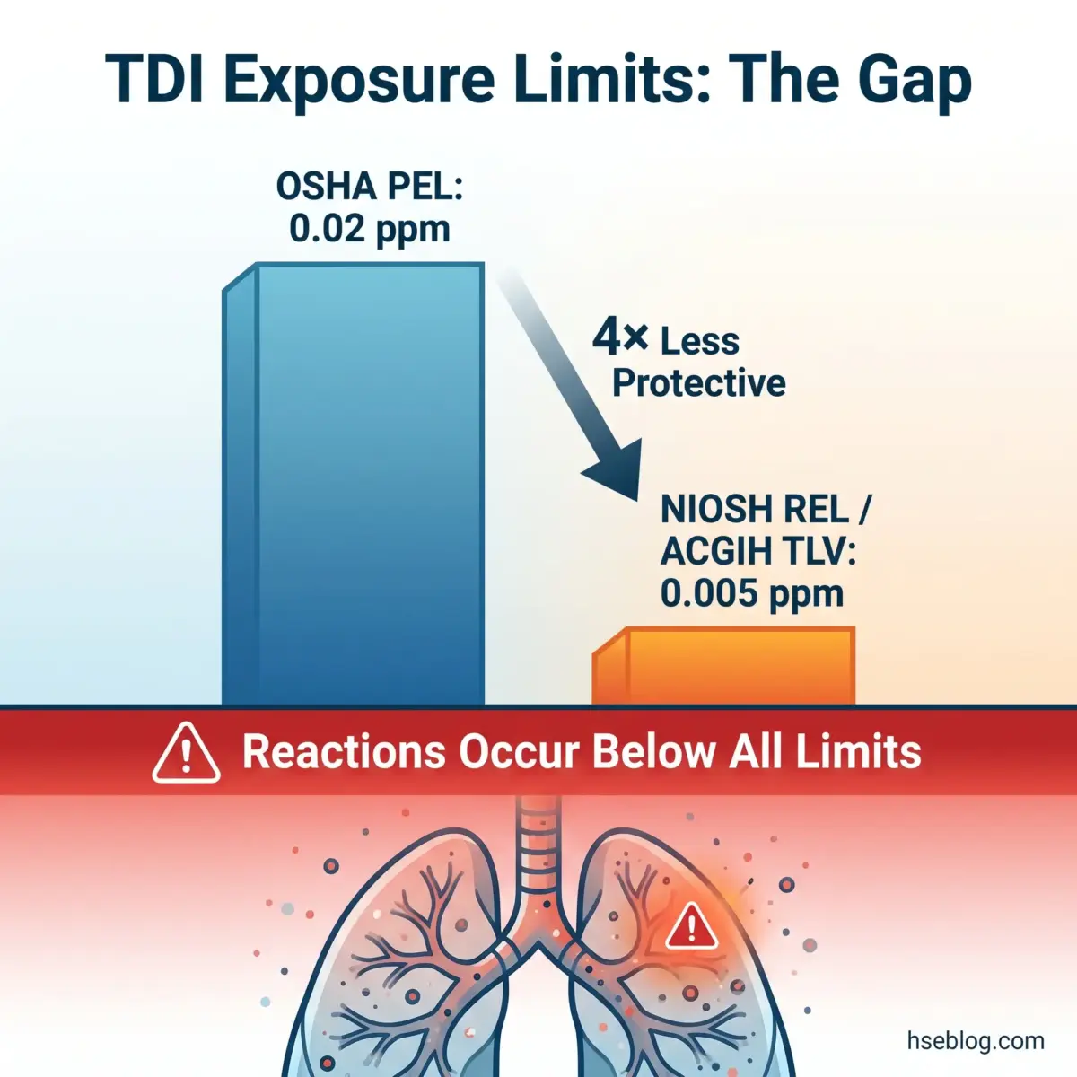 Comparison chart showing TDI exposure limits with OSHA PEL at 0.02 ppm versus NIOSH REL/ACGIH TLV at 0.005 ppm, illustrating the protective gap, and warning that adverse respiratory reactions occur below all established limits.