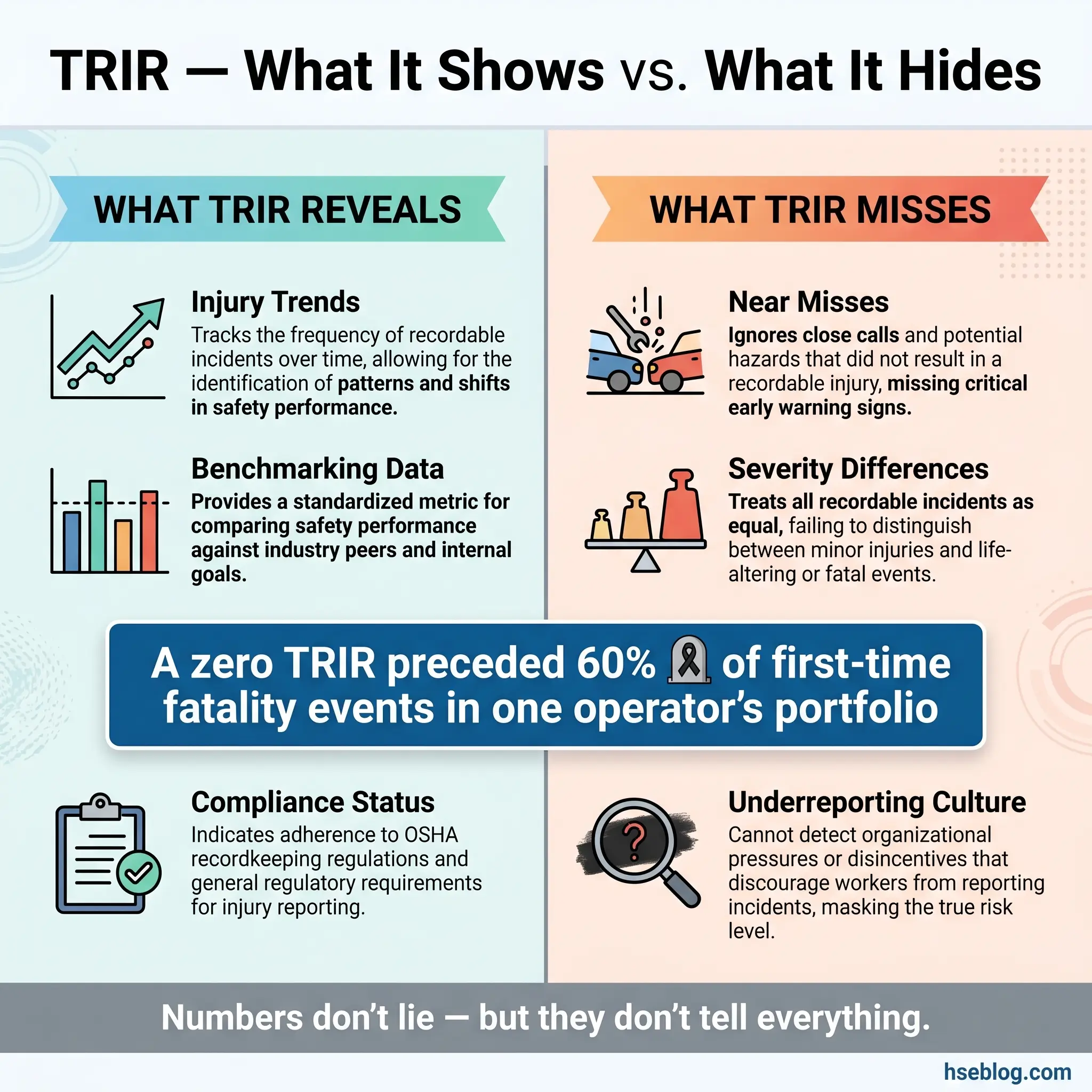 Infographic comparing TRIR safety metrics, showing what injury data reveals versus what it misses, with examples of injury trends, benchmarking, compliance status, near misses, severity differences, and underreporting culture.