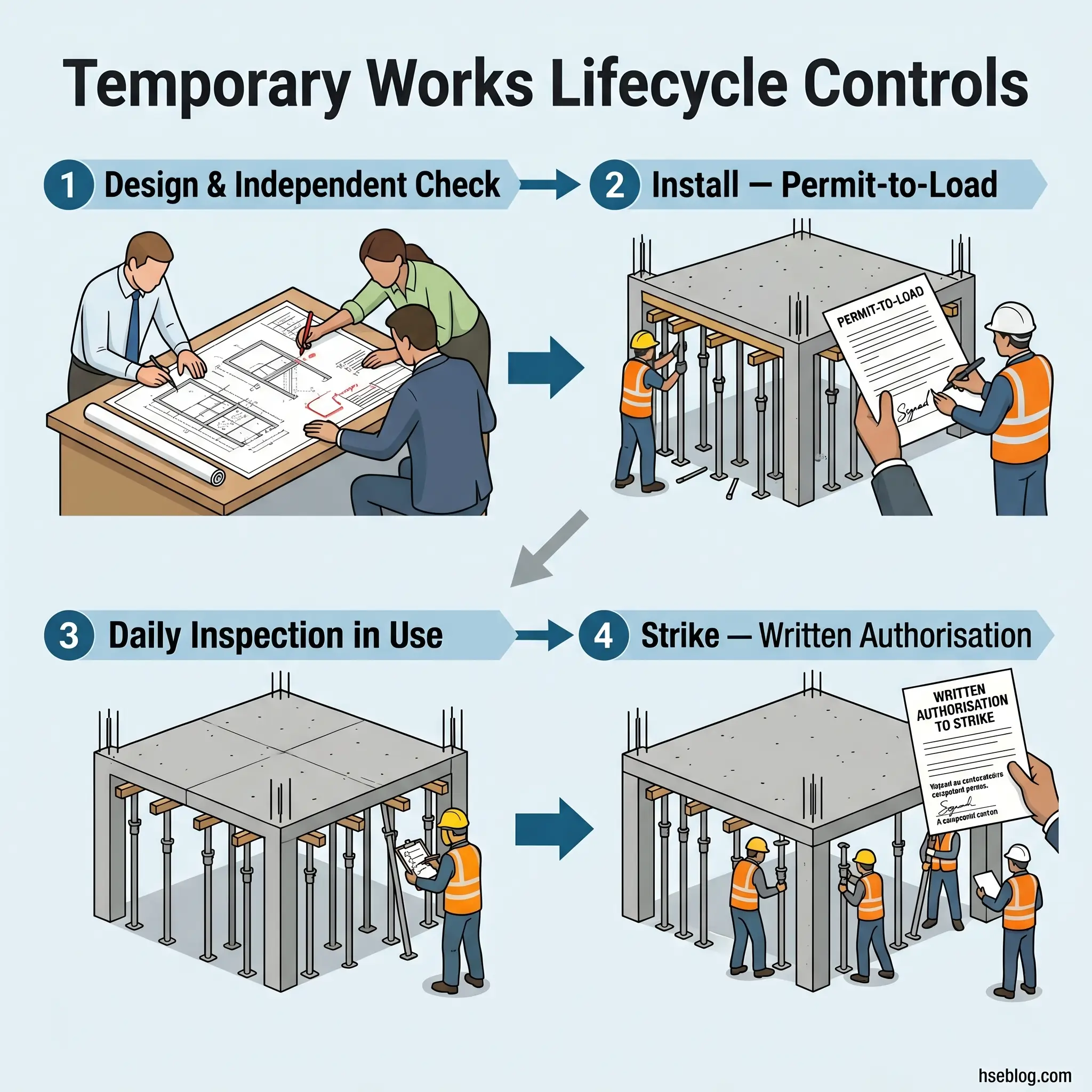Infographic showing four stages of temporary works lifecycle controls: design and independent check, installation with permit-to-load, daily inspection in use, and strike with written authorization, illustrated with construction site scenes.