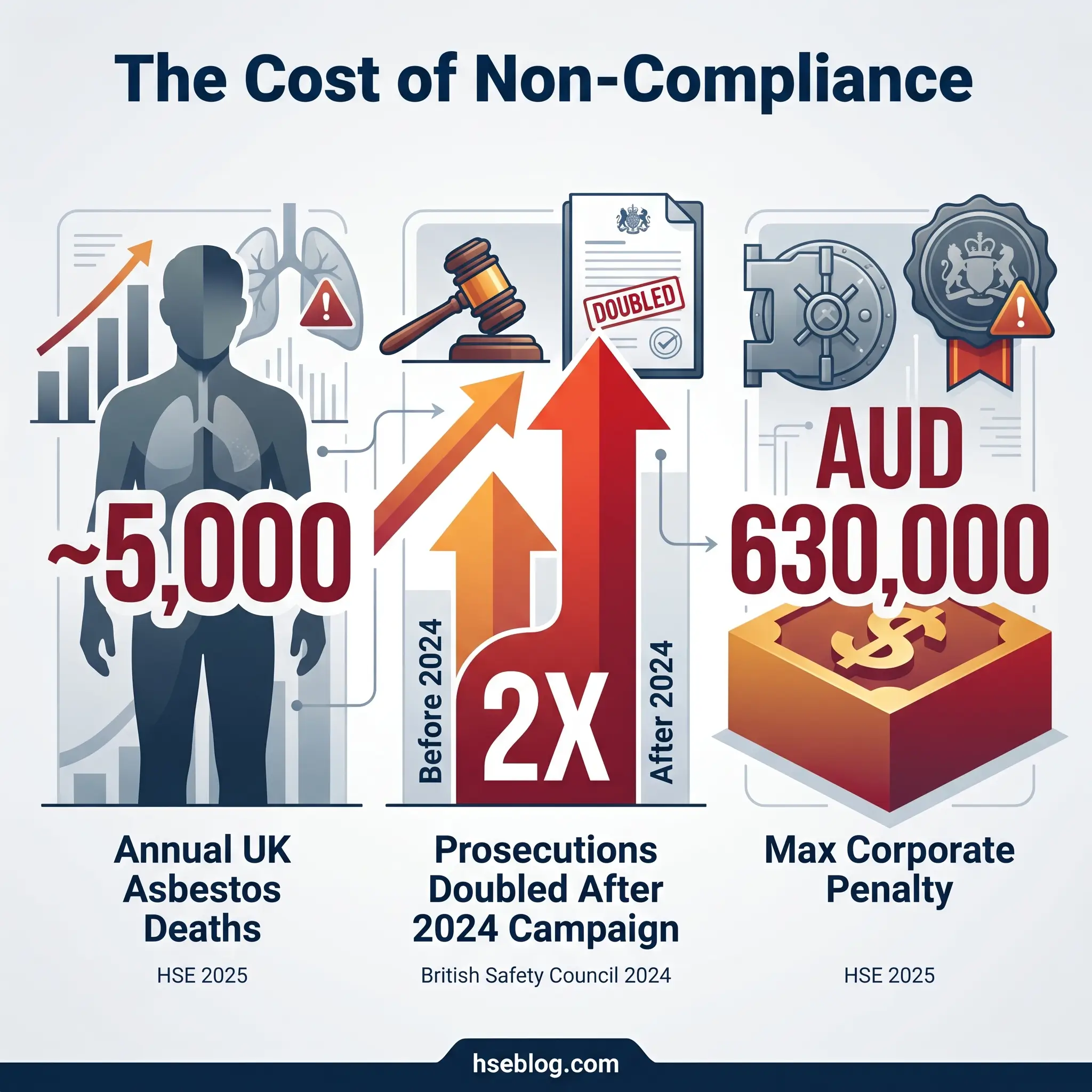 Infographic showing UK asbestos health and legal consequences: approximately 5,000 annual deaths, prosecutions doubled after 2024 campaign, and maximum corporate penalty of AUD 630,000.