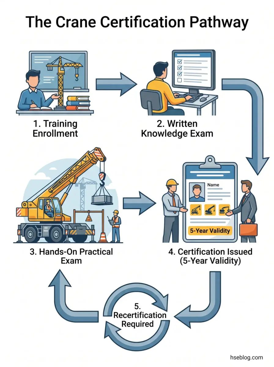 Flowchart showing the five-step crane certification pathway: training enrollment, written knowledge exam, hands-on practical exam, certification issued with five-year validity, and recertification required after expiration.