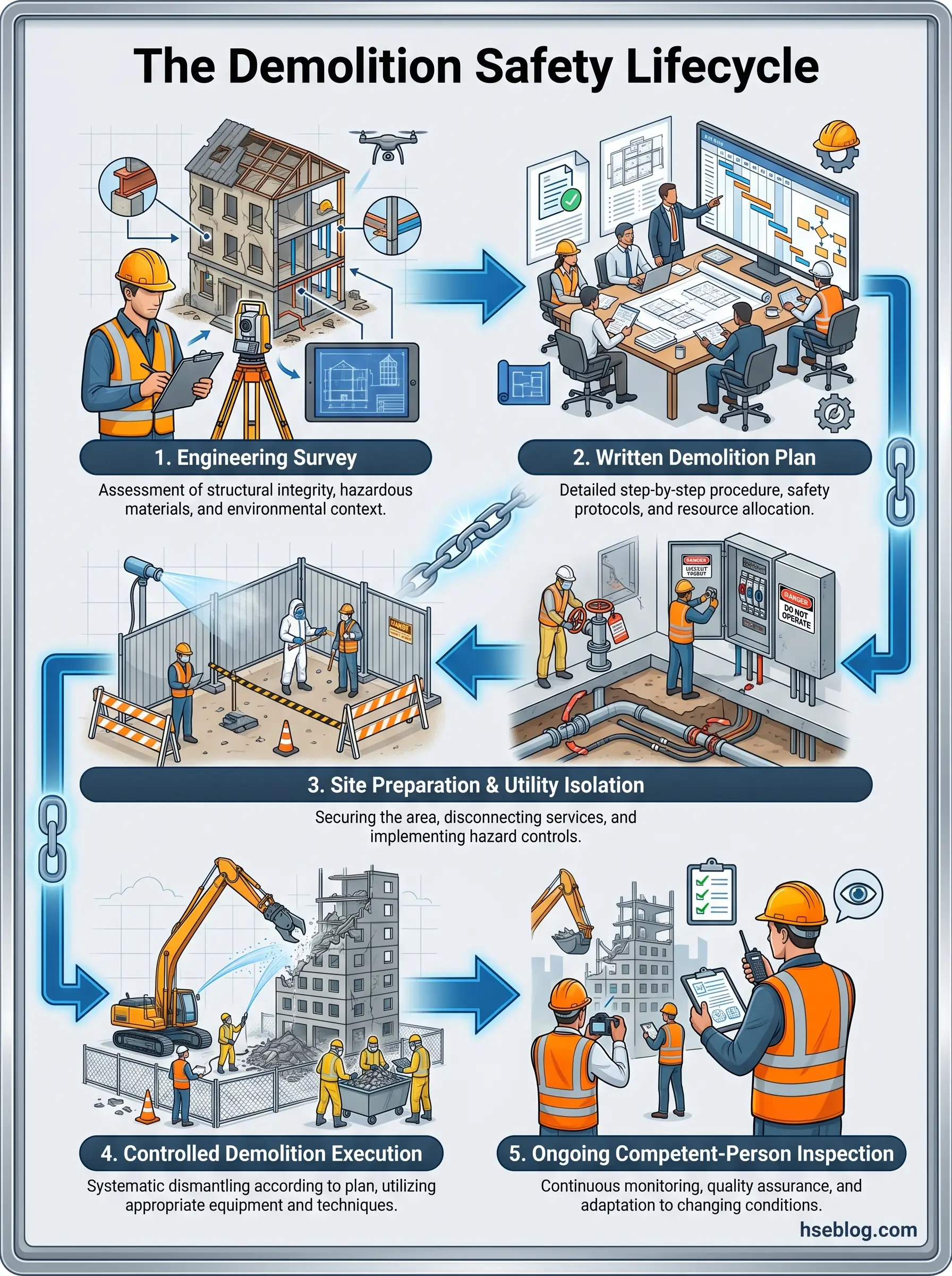 Illustrated five-stage demolition safety lifecycle showing engineering survey, written planning, site preparation, controlled execution with heavy equipment, and ongoing inspections by safety personnel.