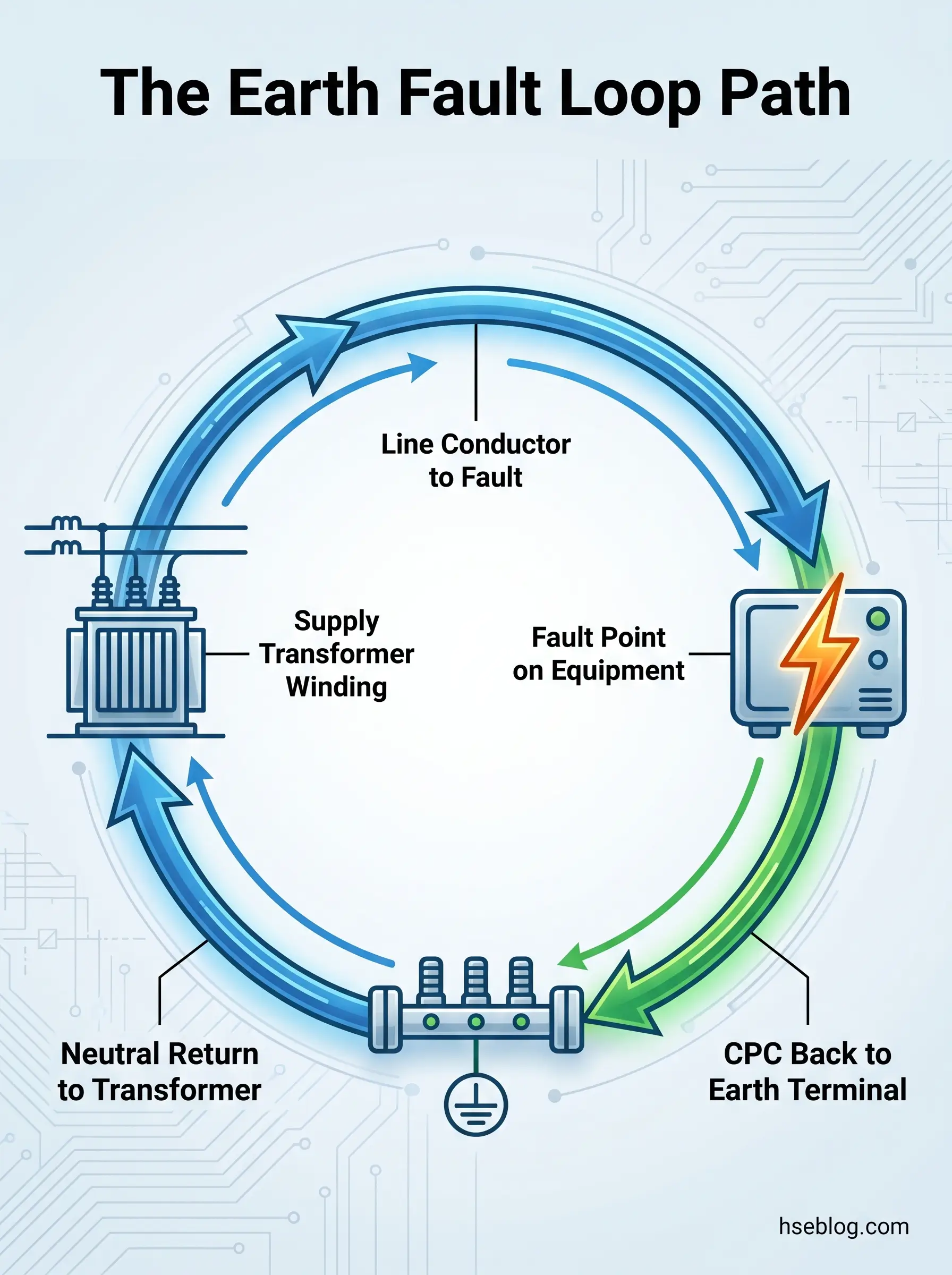 Diagram showing the Earth Fault Loop Path in electrical systems, illustrating current flow from a supply transformer through a line conductor to a fault point on equipment, then back through a CPC and neutral return to the transformer.