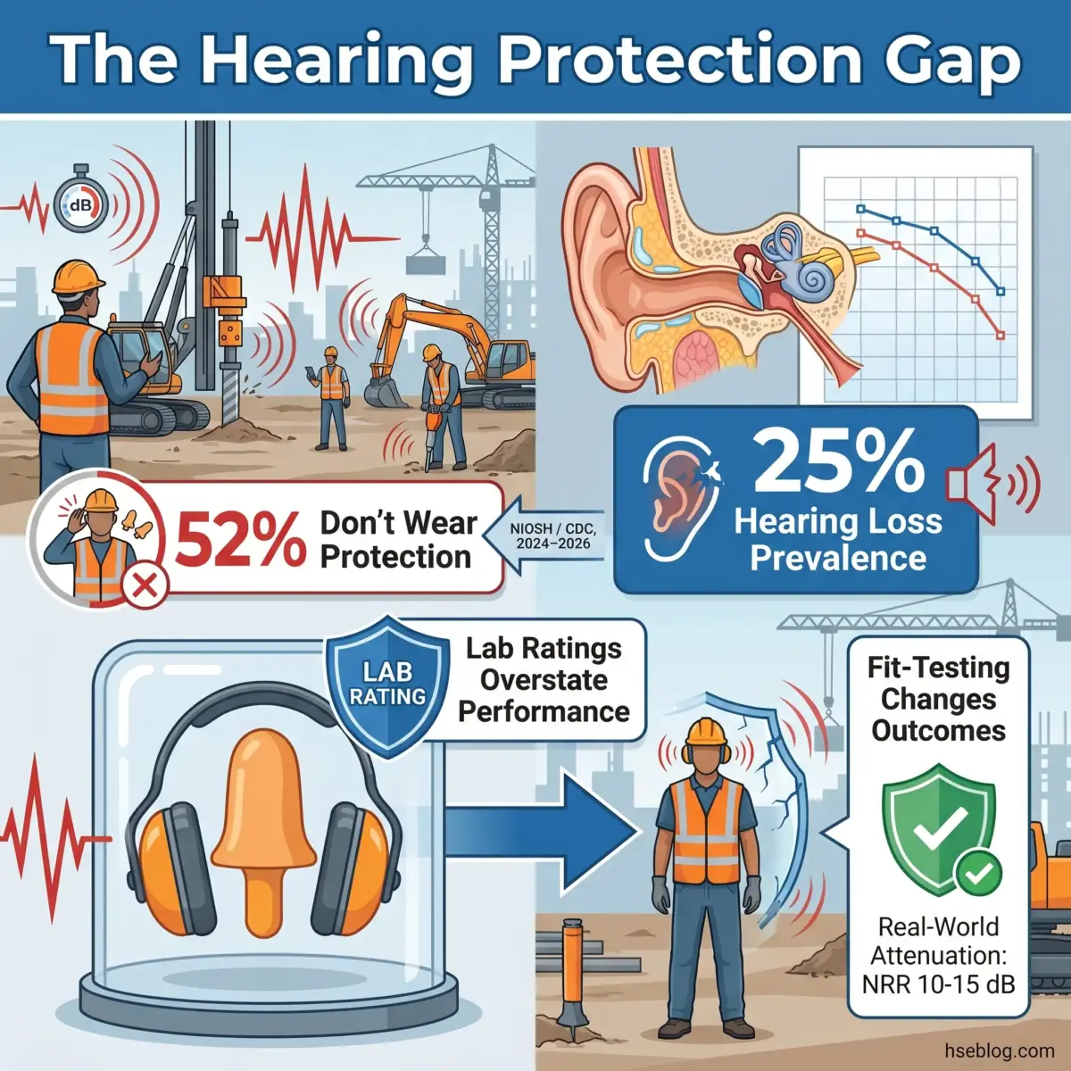 Infographic showing the hearing protection gap in construction work, illustrating that 52% of workers don't wear protection despite 25% hearing loss prevalence, with diagrams of hearing damage and ear protection equipment.