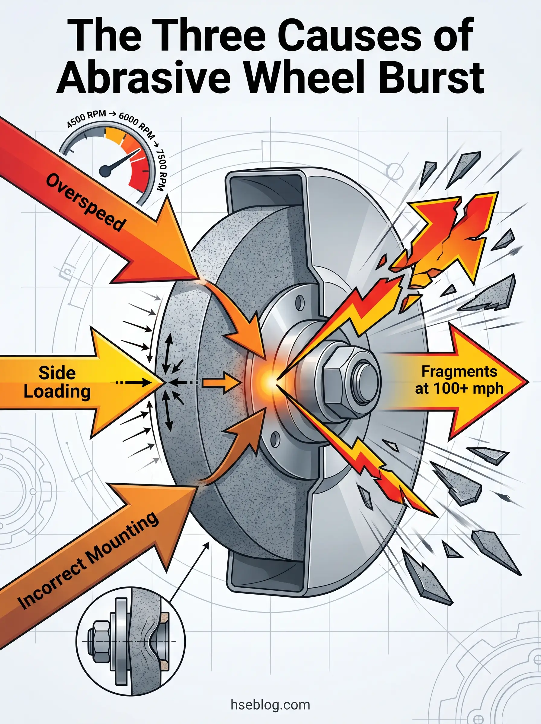 Diagram illustrating the three causes of abrasive wheel burst: overspeeding shown on a tachometer, side loading from improper mounting, and resulting fragments ejected at over 100 mph.