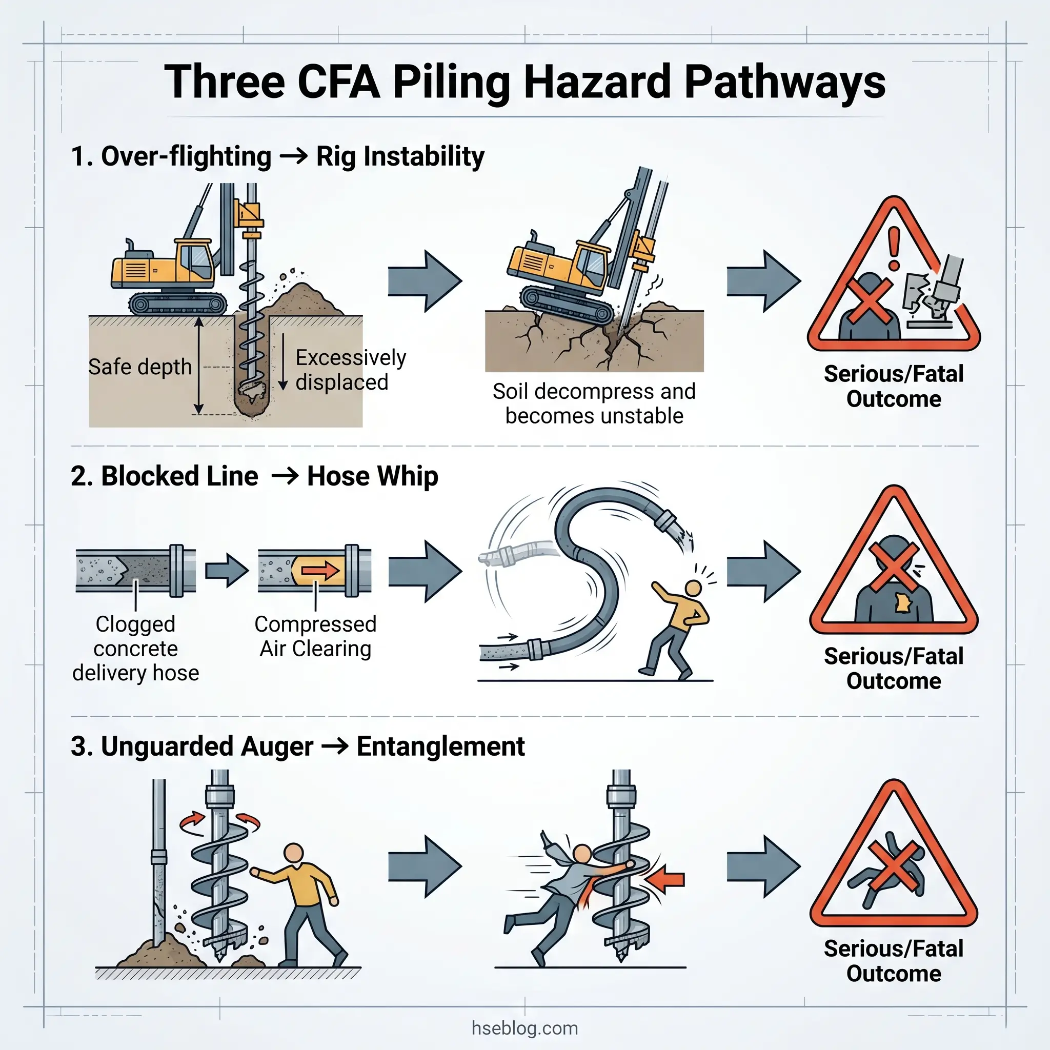 Infographic showing three CFA piling hazard pathways: over-flighting causing rig instability, blocked concrete delivery hose causing hose whip, and unguarded auger causing entanglement, each leading to serious or fatal outcomes.