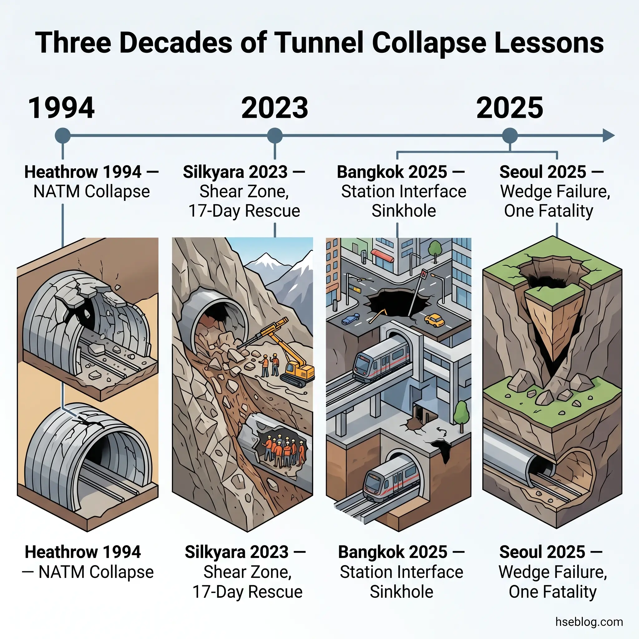 Timeline of four major tunnel collapse incidents spanning 1994 to 2025, illustrating progressive engineering failures in underground construction projects across different locations and time periods.
