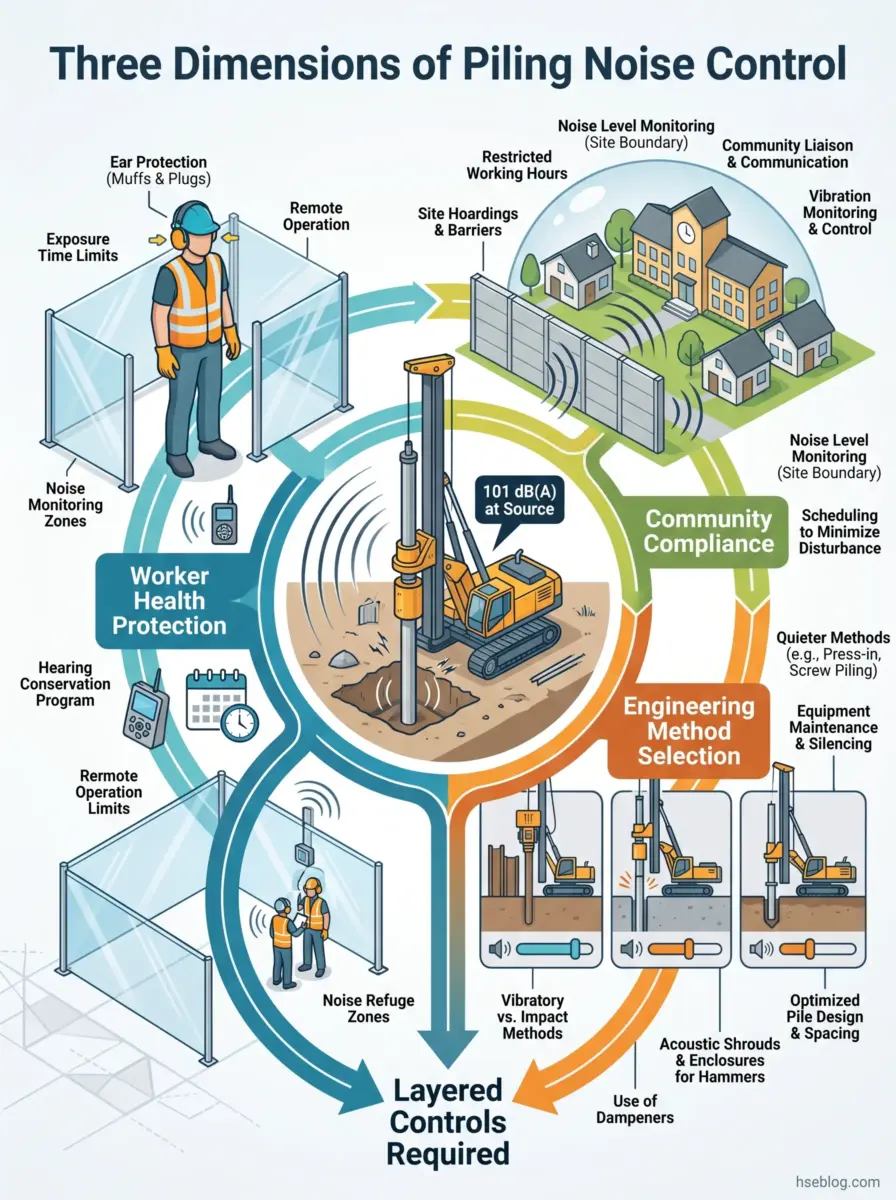 Infographic illustrating three dimensions of piling noise control: worker health protection with ear protection and noise monitoring, community compliance with site barriers and restricted hours, and engineering method selection including quieter piling techniques and equipment silencing.