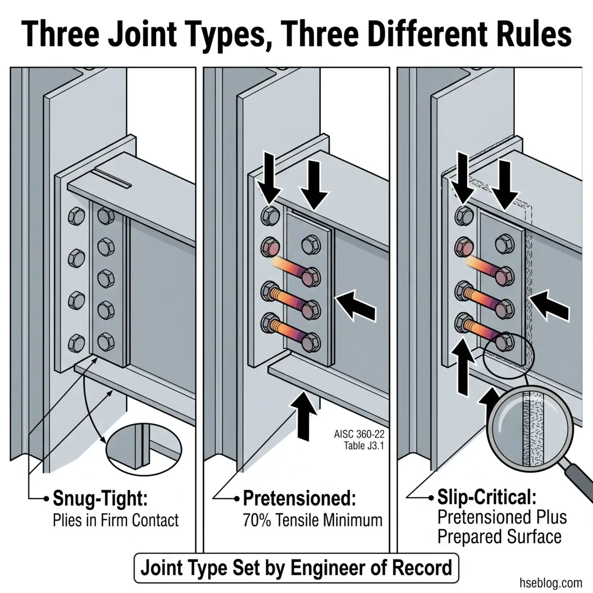 Three structural steel connection types illustrated with cross-sectional diagrams showing snug-tight piles in firm contact, pretensioned bolts at 70% tensile minimum, and slip-critical pretensioned bolts with prepared surfaces.