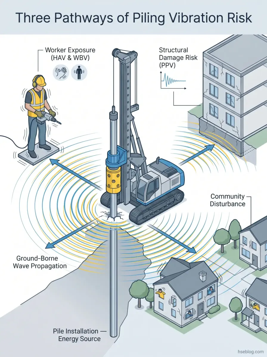Diagram showing three pathways of piling vibration risk from pile installation: worker exposure to hand-arm and whole-body vibration, ground-borne wave propagation affecting nearby buildings, and structural damage risk to adjacent structures.