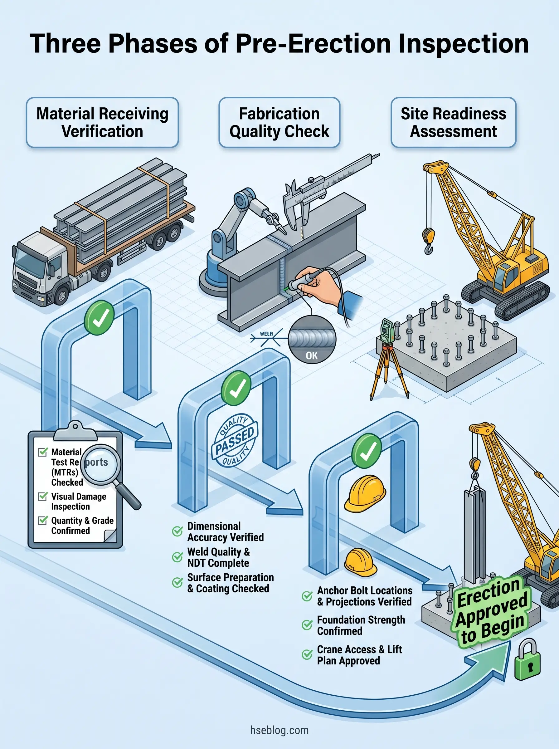 Infographic showing three phases of pre-erection inspection: material receiving verification with delivery truck and test reports, fabrication quality check with welding equipment, and site readiness assessment with cranes and foundation preparation before construction approval.