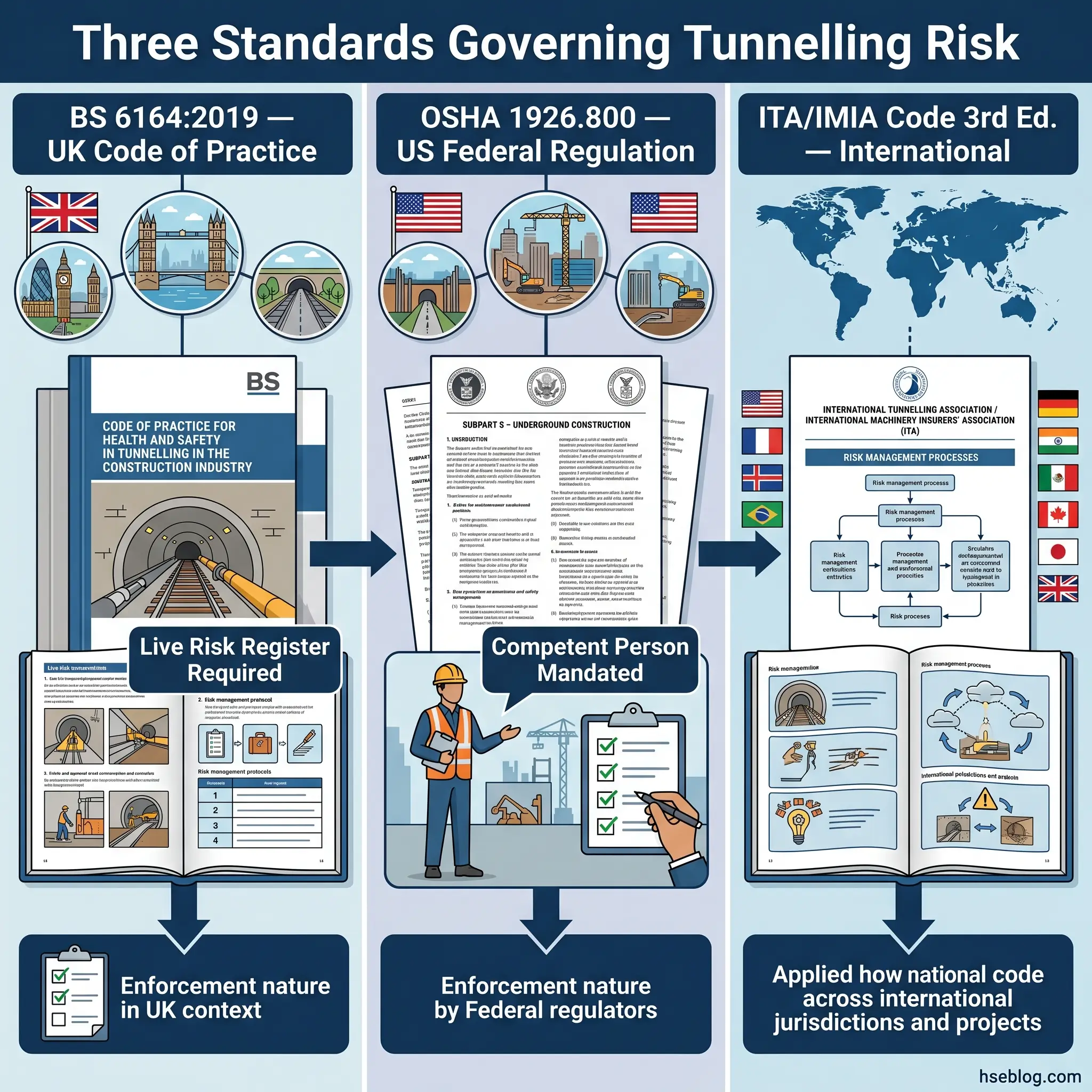 Infographic comparing three tunnelling safety standards: BS 6164:2019 UK Code of Practice requiring live risk registers, OSHA 1926.800 US regulation mandating competent persons, and ITA/IMIA international code with risk management processes.