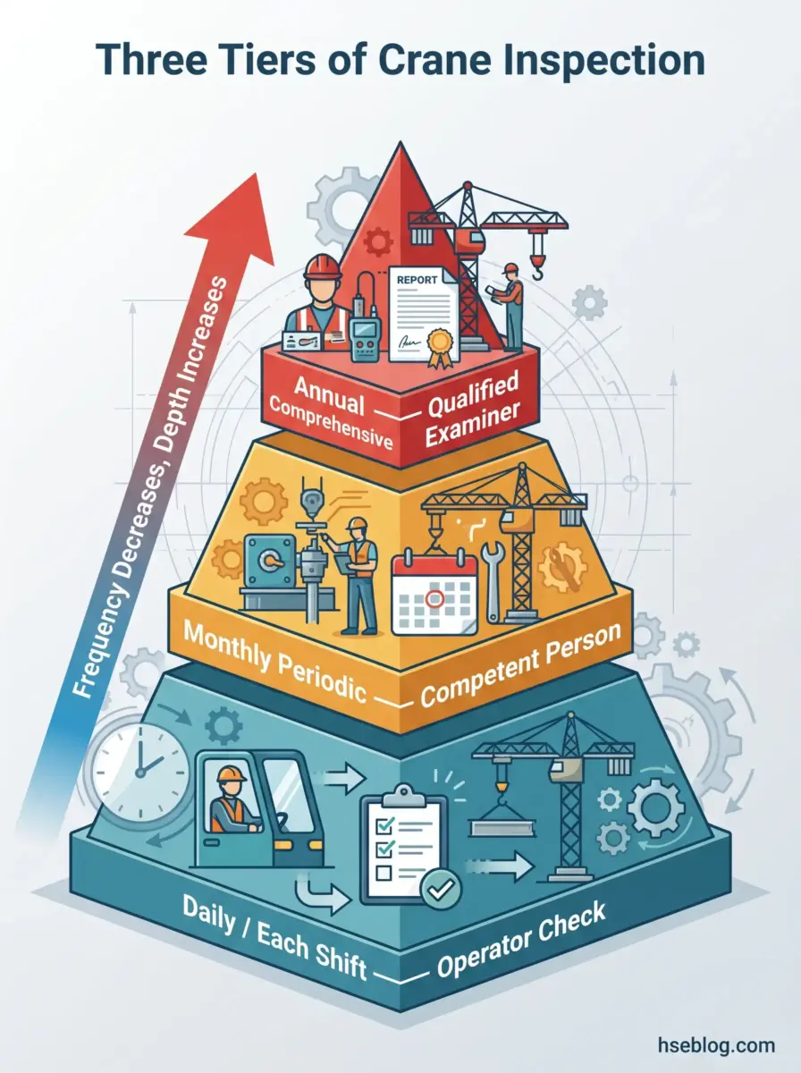 A pyramid diagram illustrating three tiers of crane inspection requirements, from daily operator checks at the base to monthly competent person inspections and annual comprehensive examinations by qualified examiners at the top.