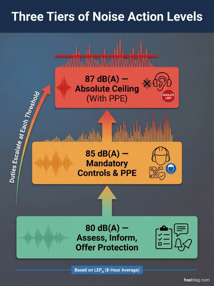 Infographic showing three tiers of noise action levels based on 8-hour average: 80 dB(A) for assessment and information, 85 dB(A) requiring mandatory controls and PPE, and 87 dB(A) as absolute ceiling limit with PPE.