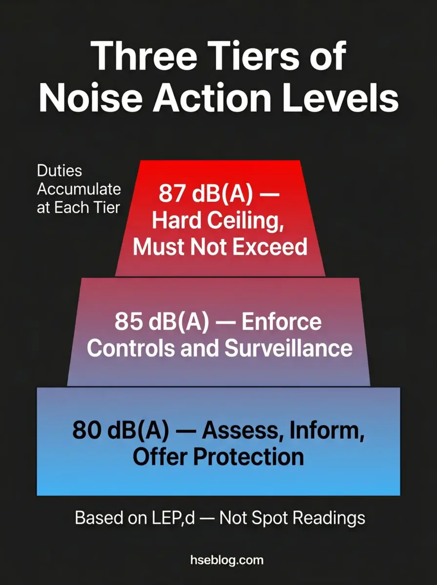 A pyramid diagram showing three tiers of noise action levels measured in decibels, with 80 dB(A) at the base for assessment and protection, 85 dB(A) in the middle for enforcing controls, and 87 dB(A) at the top as a hard ceiling limit.