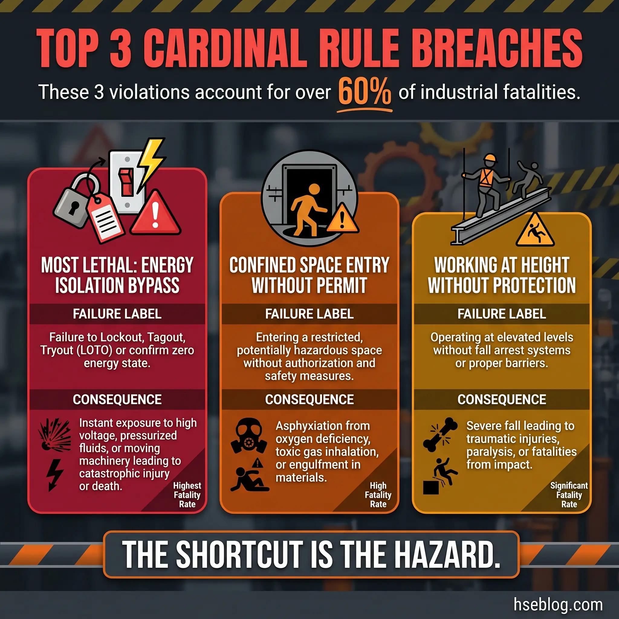 Infographic showing the top 3 cardinal safety rule breaches causing over 60% of industrial fatalities: energy isolation bypass, confined space entry without permit, and working at height without protection.