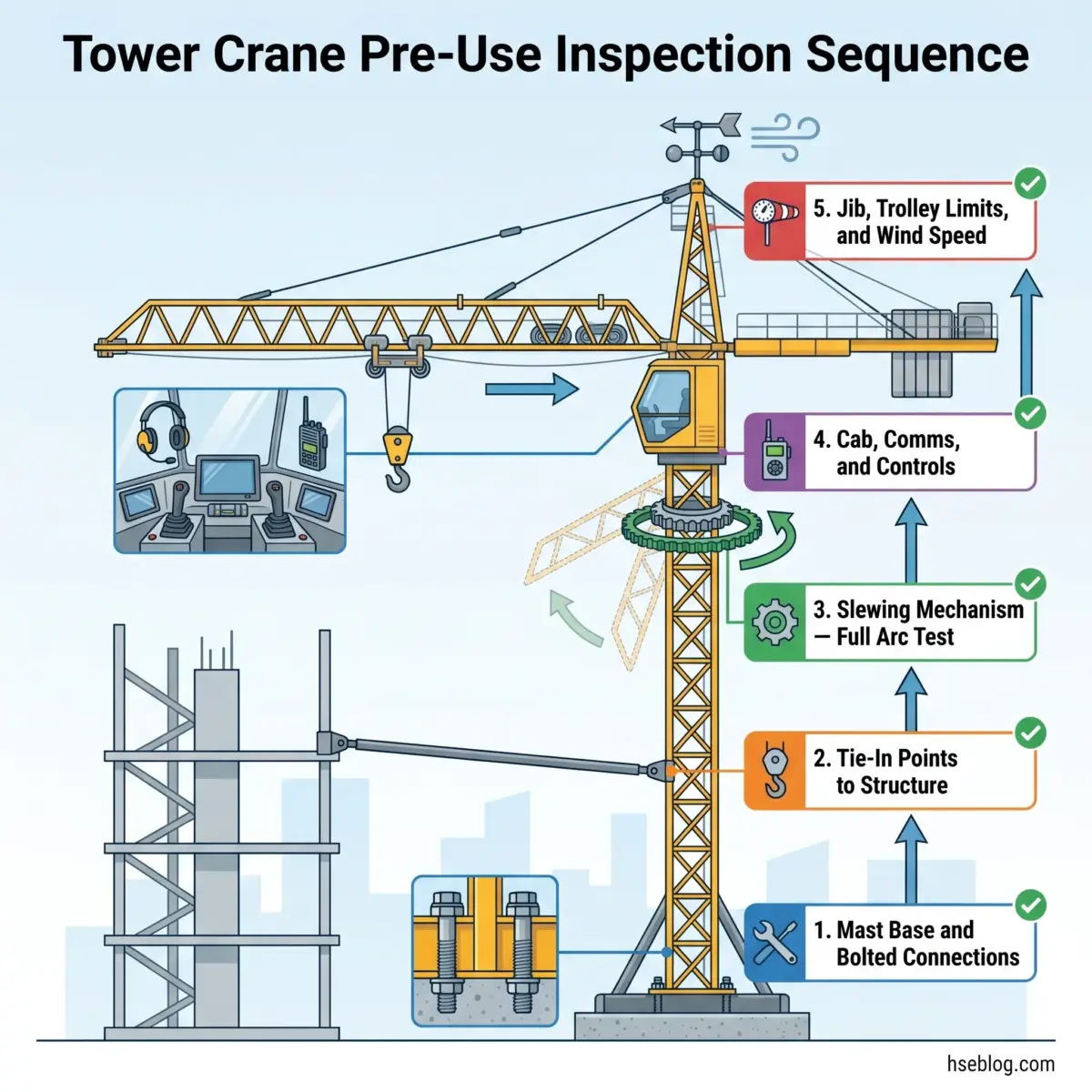 Illustrated diagram showing the five-step tower crane pre-use inspection sequence: mast base and bolted connections, tie-in points to structure, slewing mechanism full arc test, cab communications and controls, and jib trolley limits with wind speed checks.