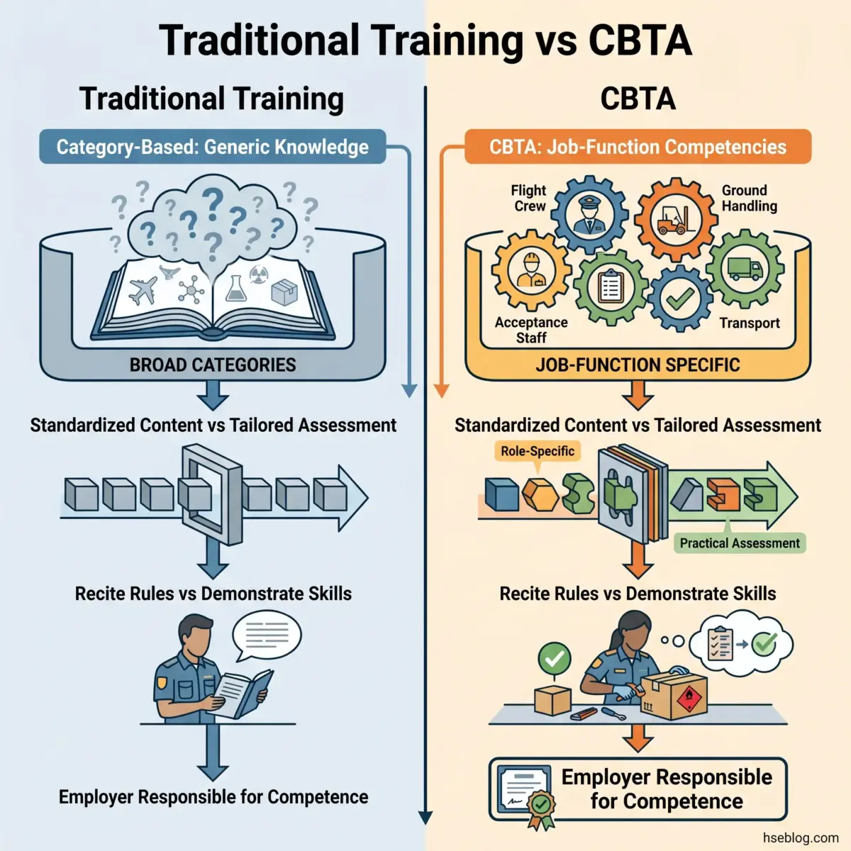Comparison infographic showing Traditional Training versus CBTA approaches, illustrating differences in knowledge delivery, assessment methods, skill demonstration, and employer responsibility.