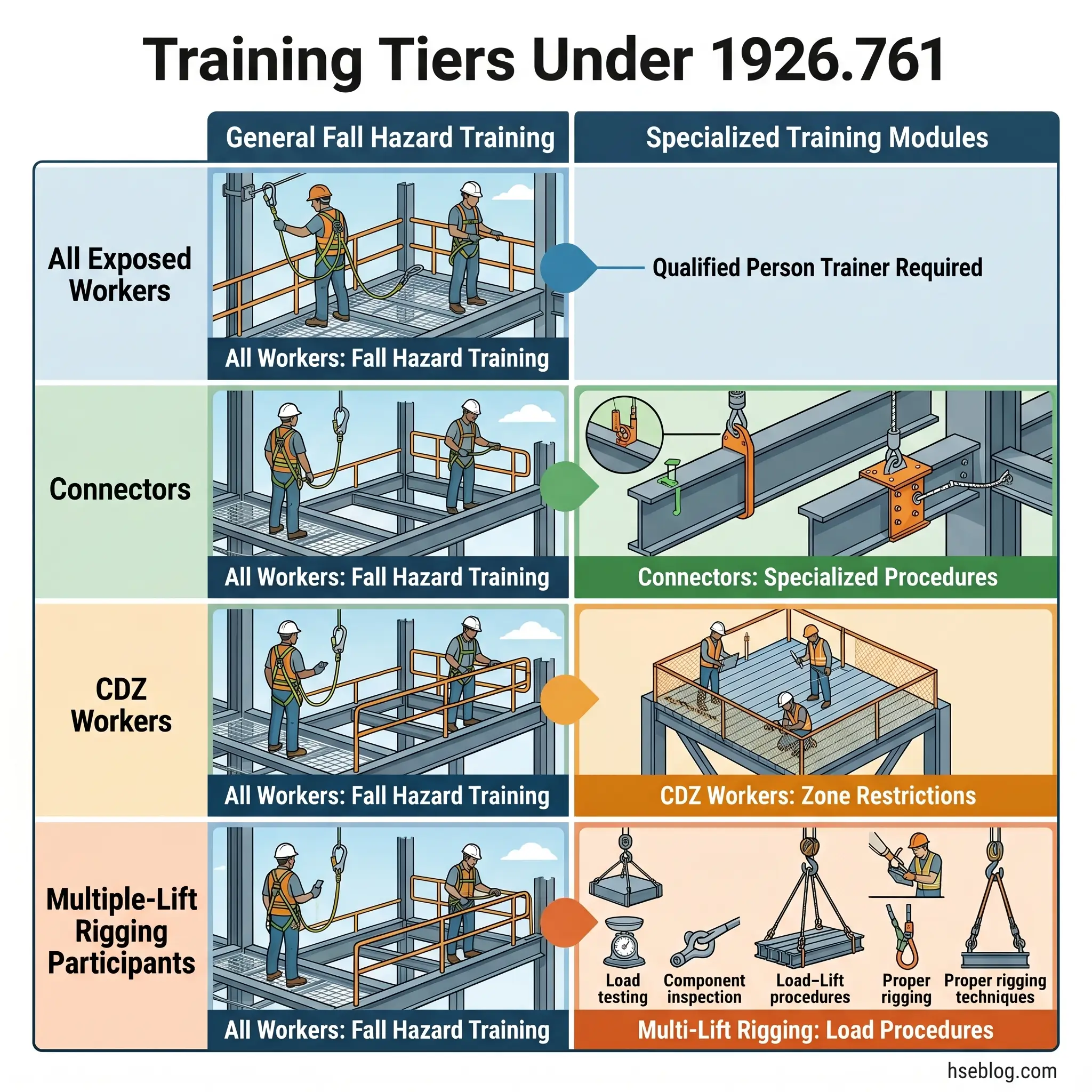 Training tiers flowchart showing fall hazard requirements under regulation 1926.761, with general training for all exposed workers and specialized modules for connectors, CDZ workers, and multiple-lift rigging participants.