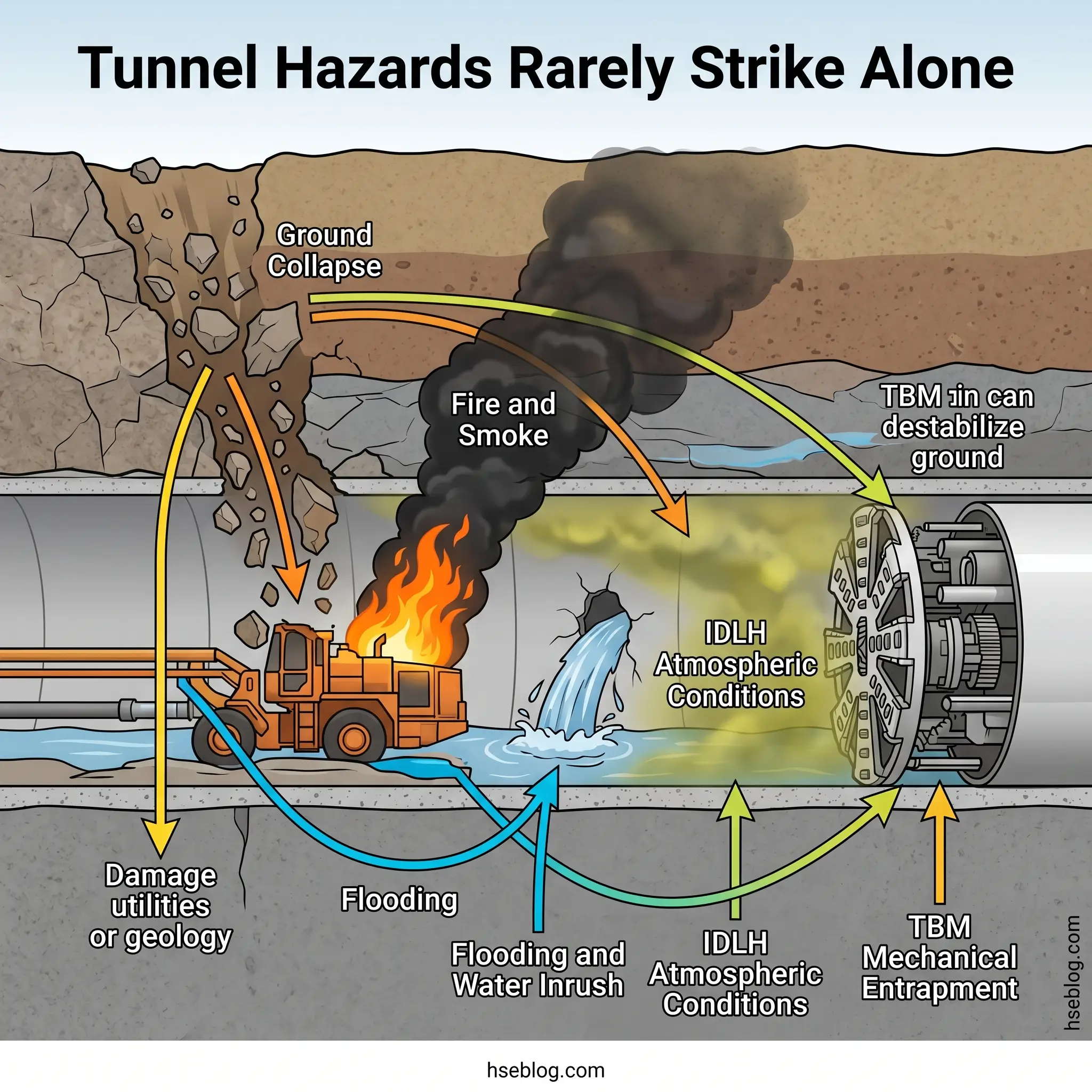 Diagram showing interconnected tunnel hazards including ground collapse, fire and smoke, flooding, atmospheric conditions, and mechanical entrapment affecting underground construction equipment and operations.